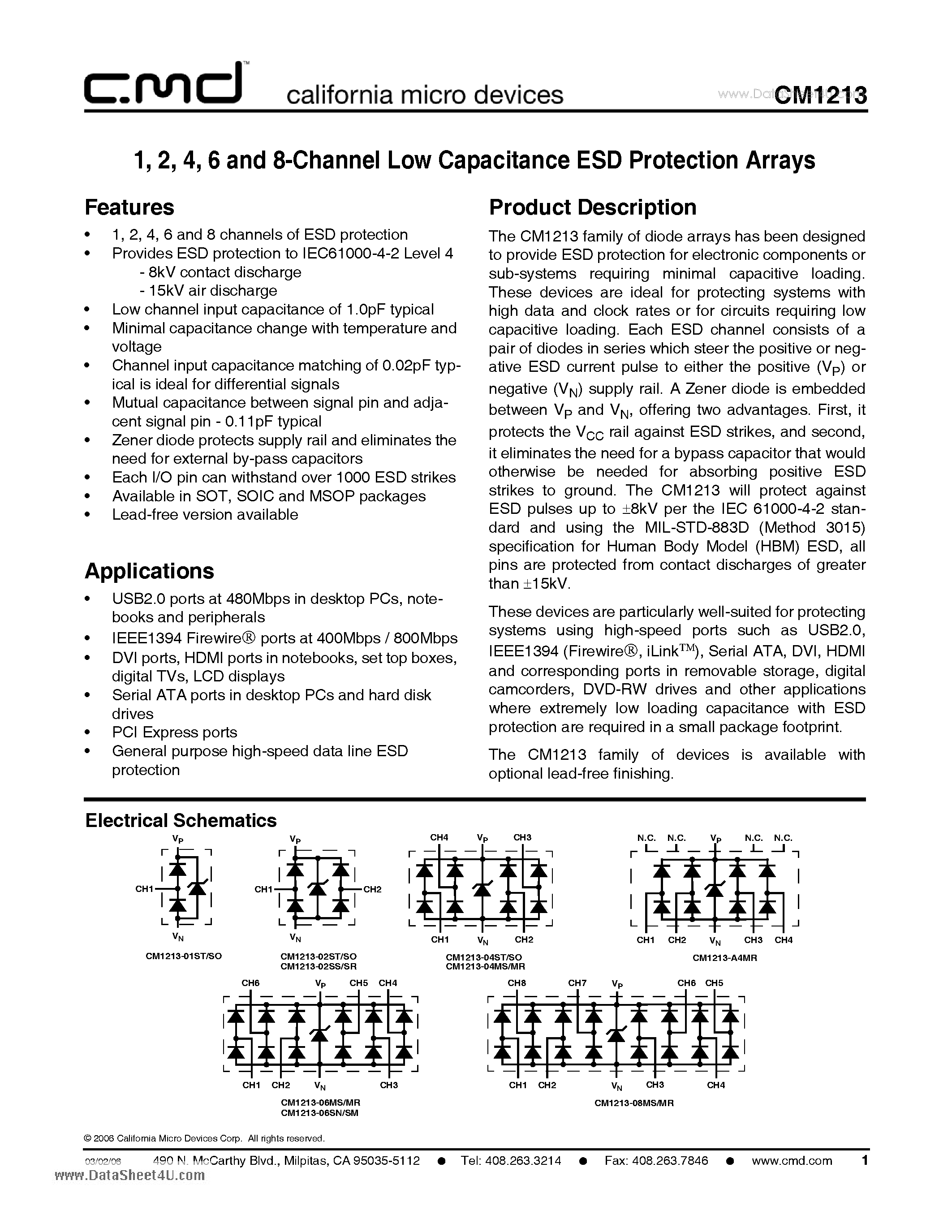 Datasheet CM1213 - Low Capacitance ESD Protection Arrays page 1