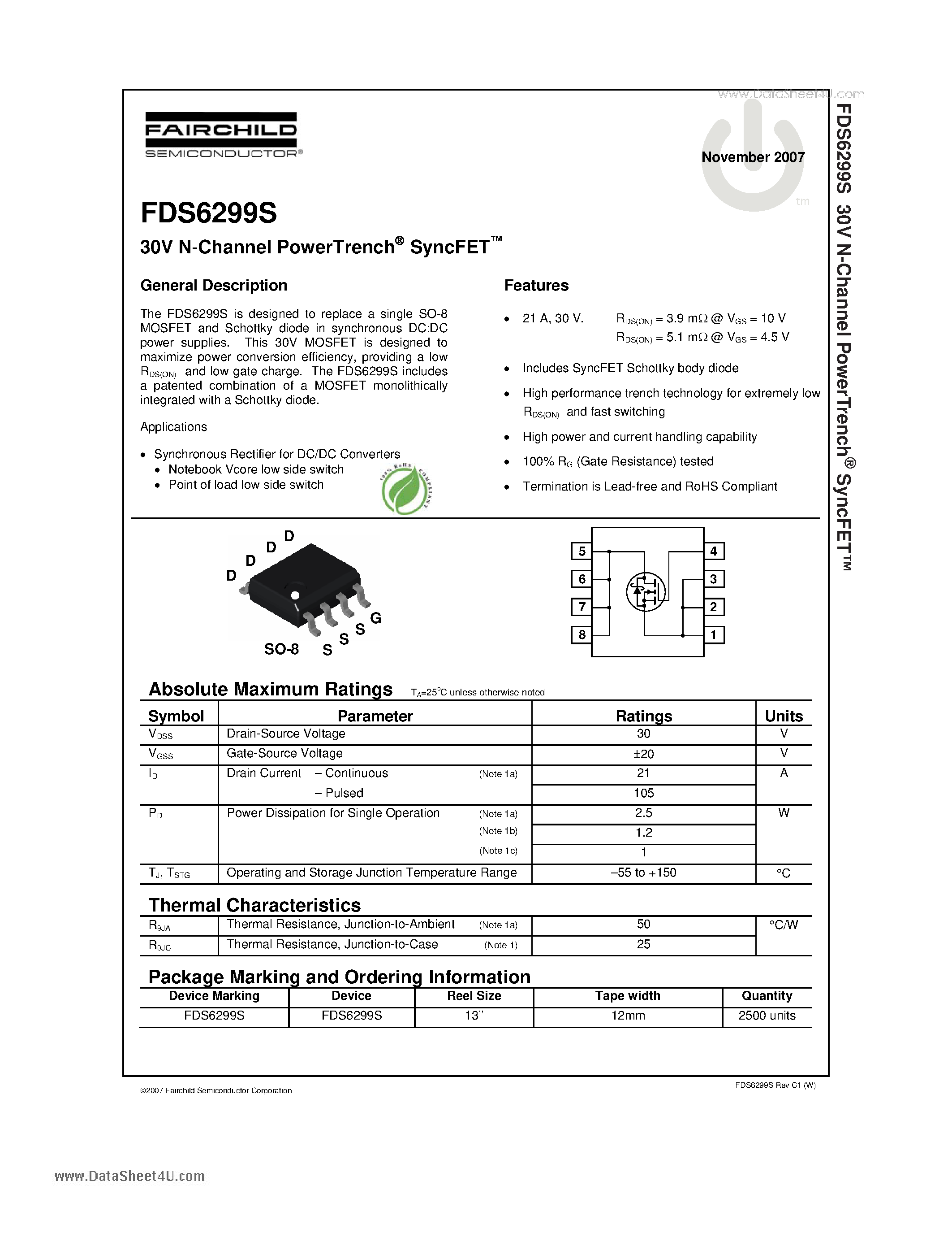Datasheet FDS6299S - 30V N-Channel PowerTrench SyncFET page 1