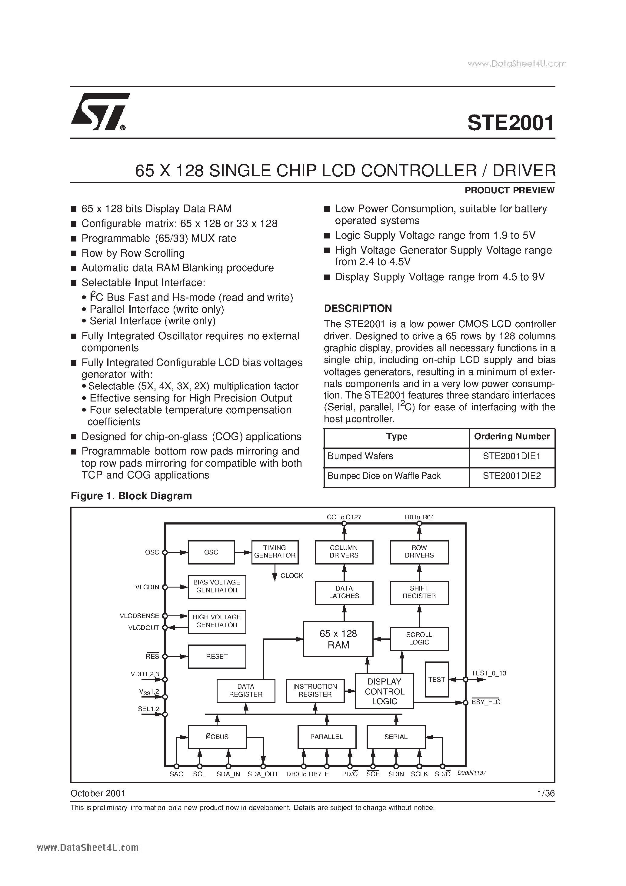 Datasheet STE2001 - 65 X 128 SINGLE CHIP LCD CONTROLLER / DRIVER page 1