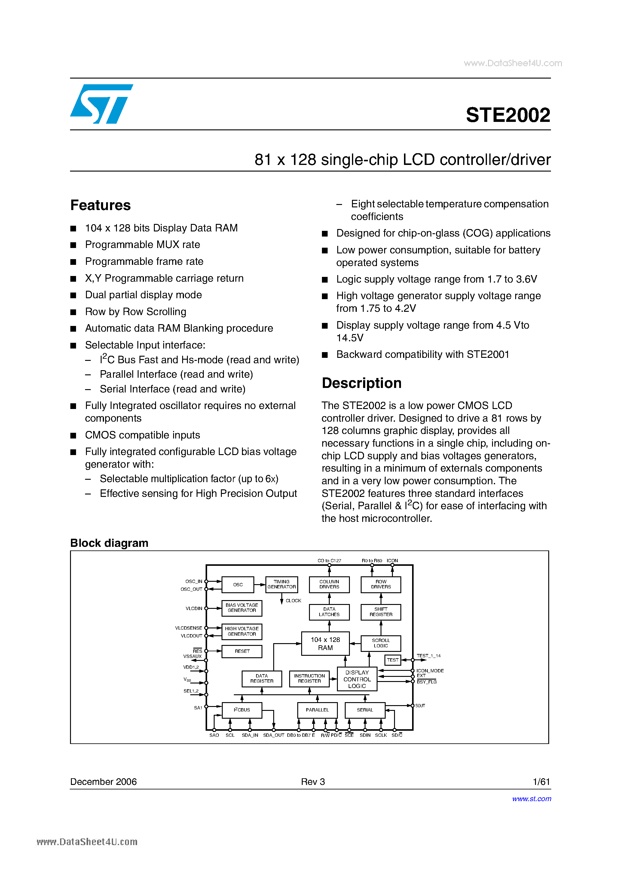 Datasheet STE2002 - 81 X 128 single-chip LCD controller/driver page 1