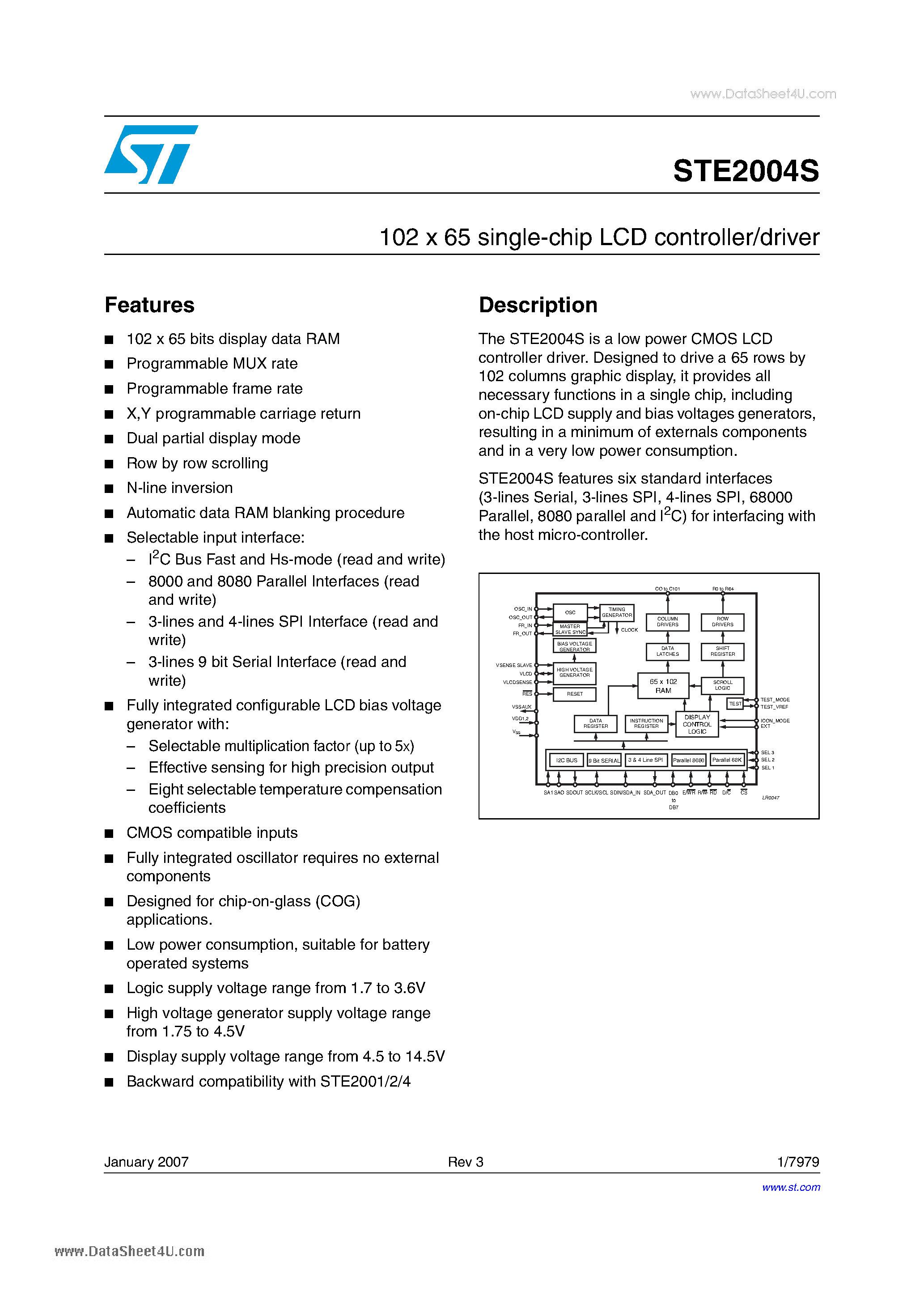 Datasheet STE2004S - 102 X 65 single-chip LCD controller/driver page 1
