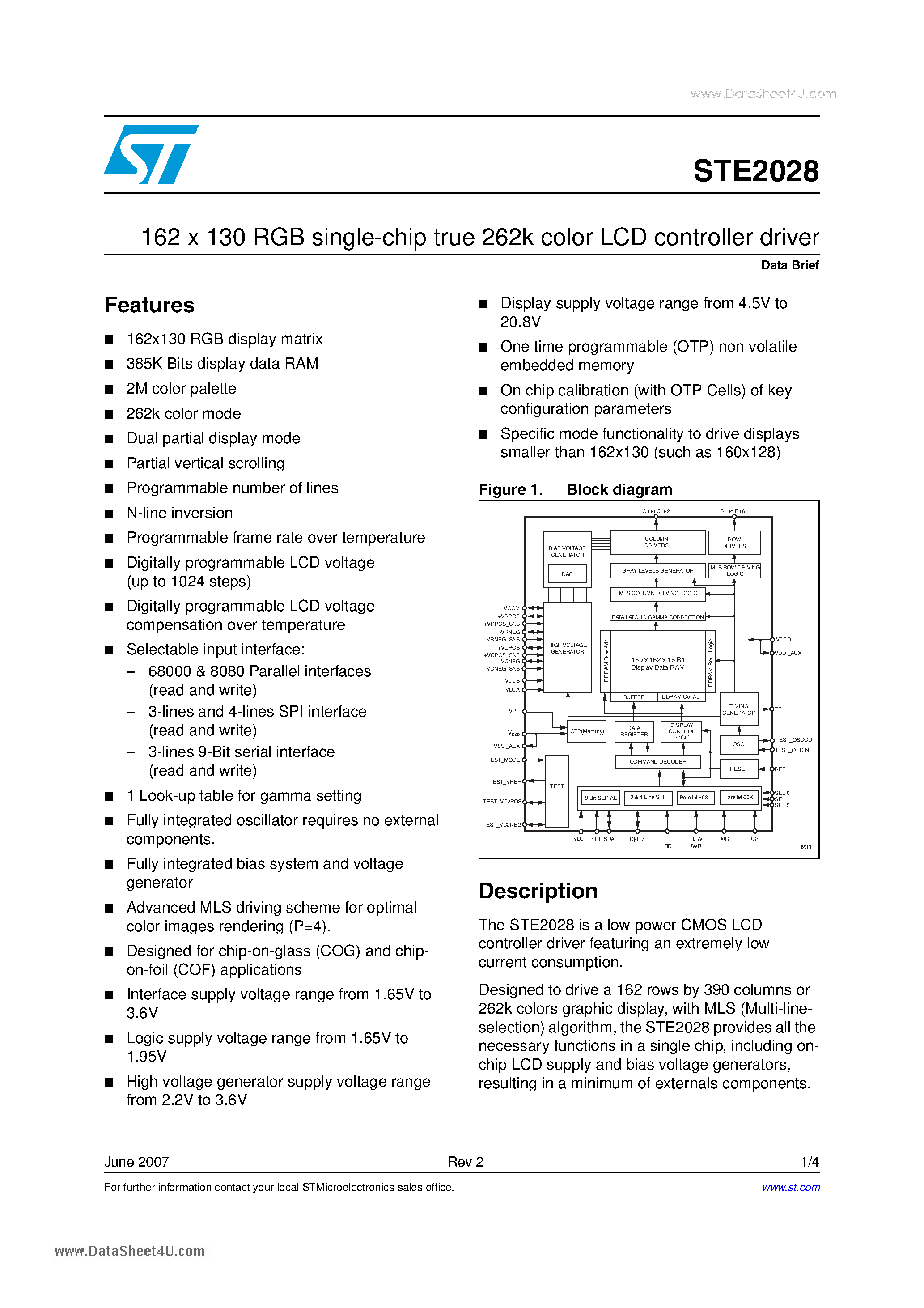 Datasheet STE2028 - 162 X 130 RGB single-chip true 262k color LCD controller driver page 1