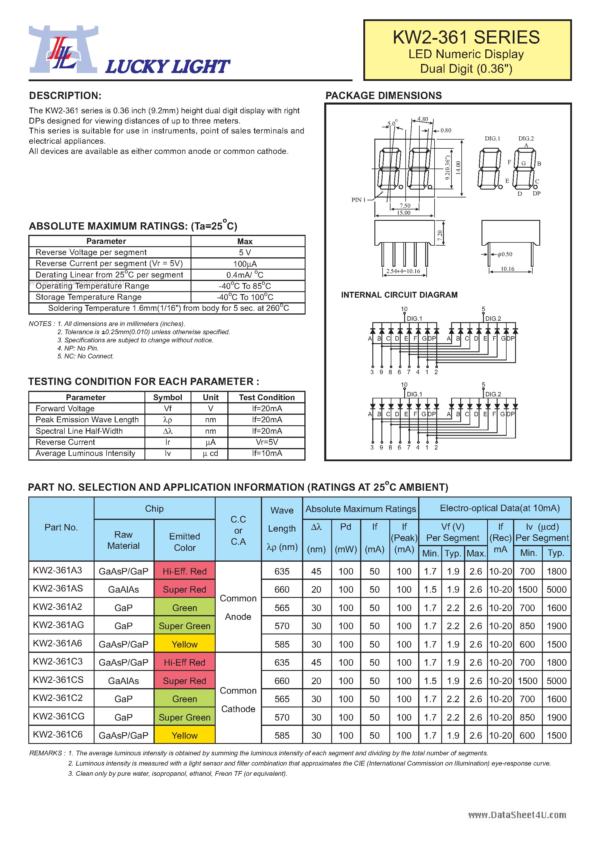 Datasheet KW2-361 - LED Numeric Display page 1
