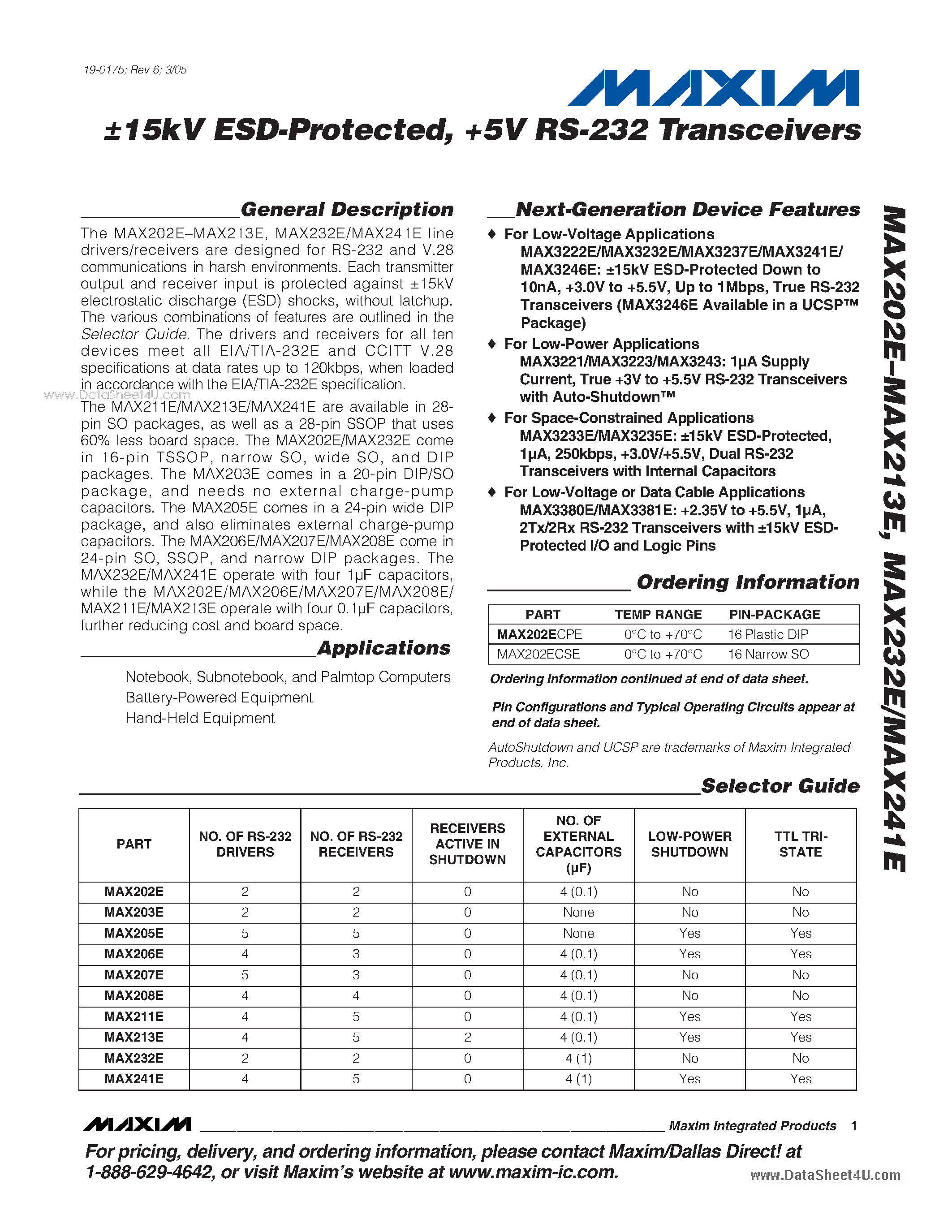 Datasheet MAX202E - +5V RS-232 Transceivers page 1