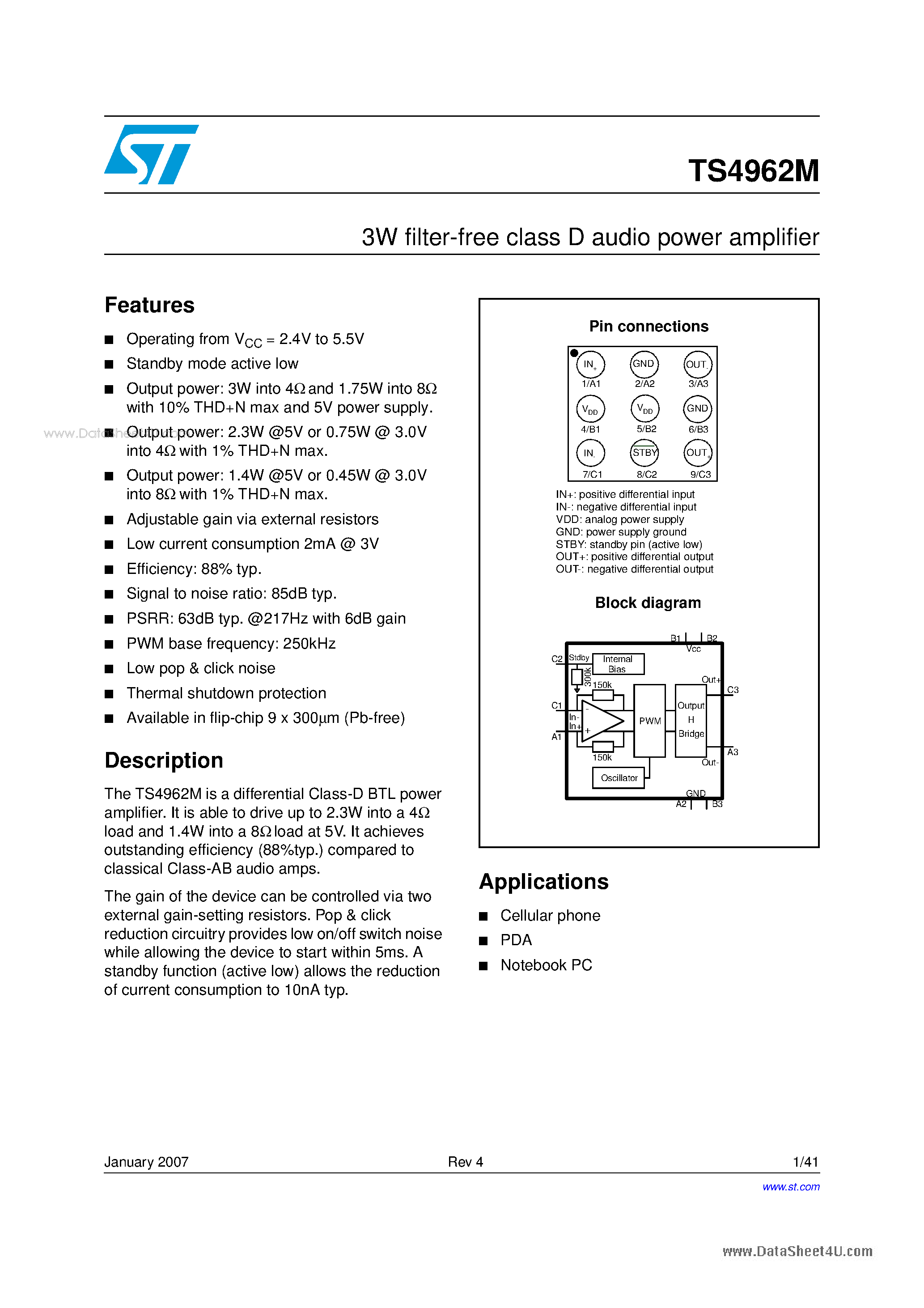 Datasheet TS4962M - 3W filter-free class D audio power amplifier page 1