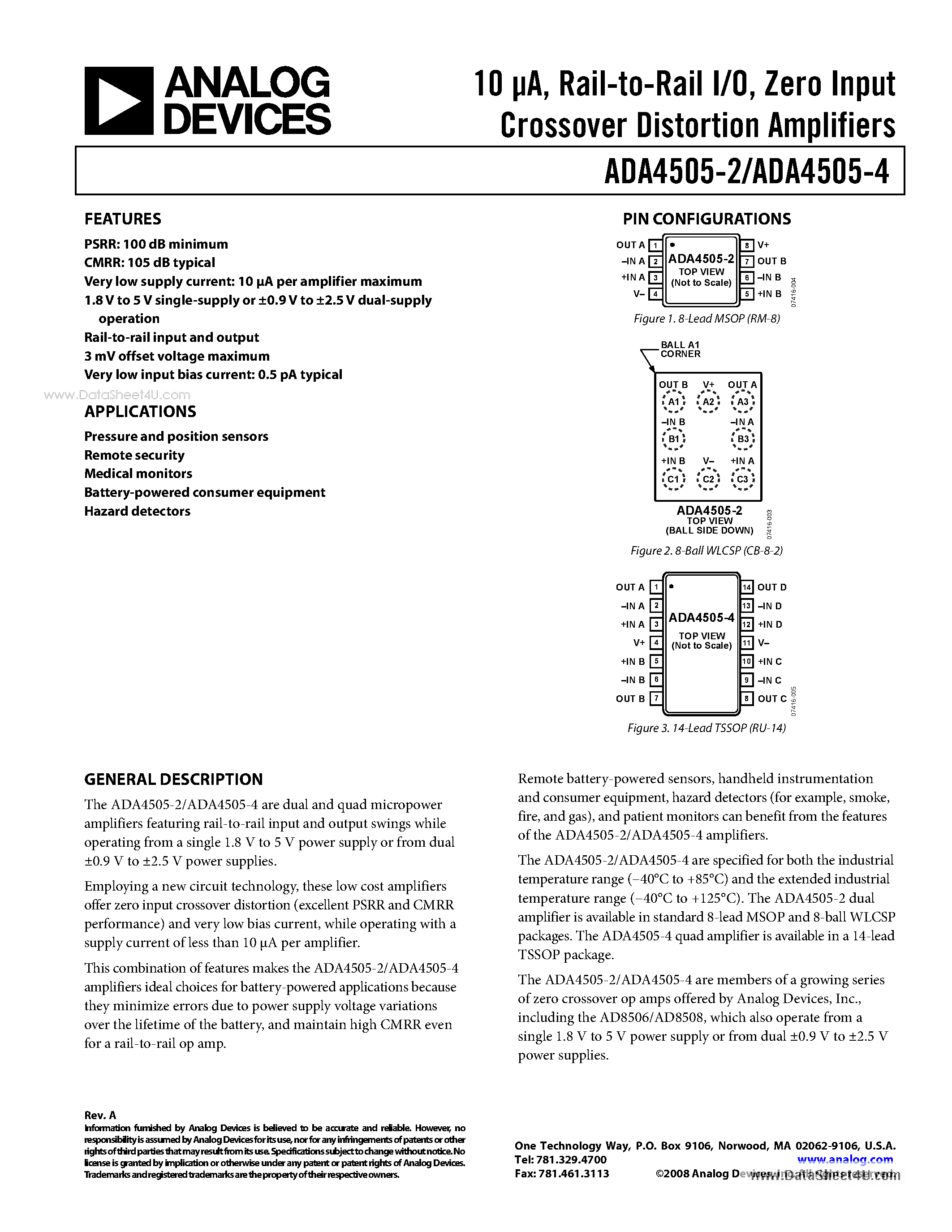 Datasheet ADA4505-2 - (ADA4505-2/-4) Zero Input Crossover Distortion Amplifiers page 1