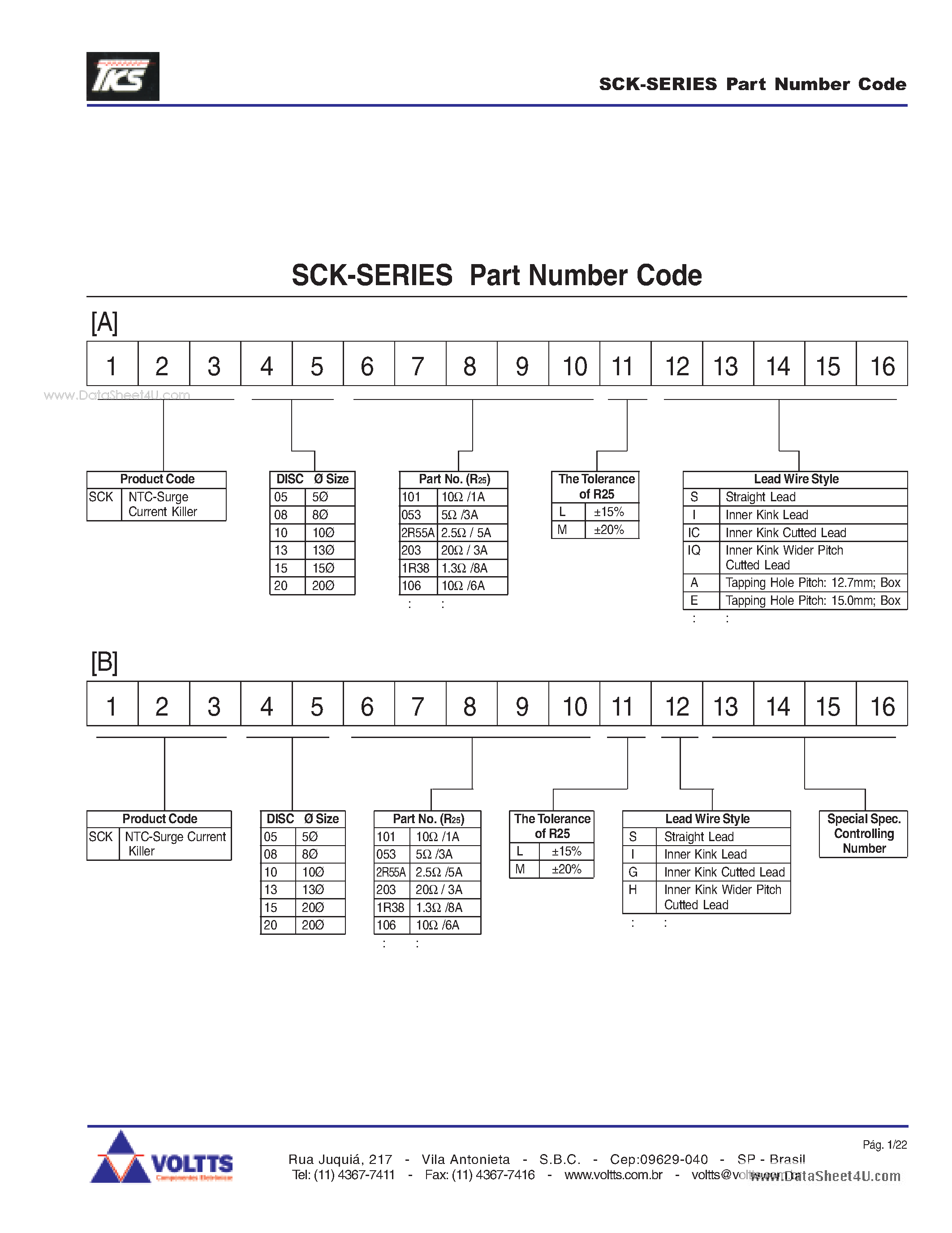 Datasheet SCK-0120 - NTC Power Thermistor page 1