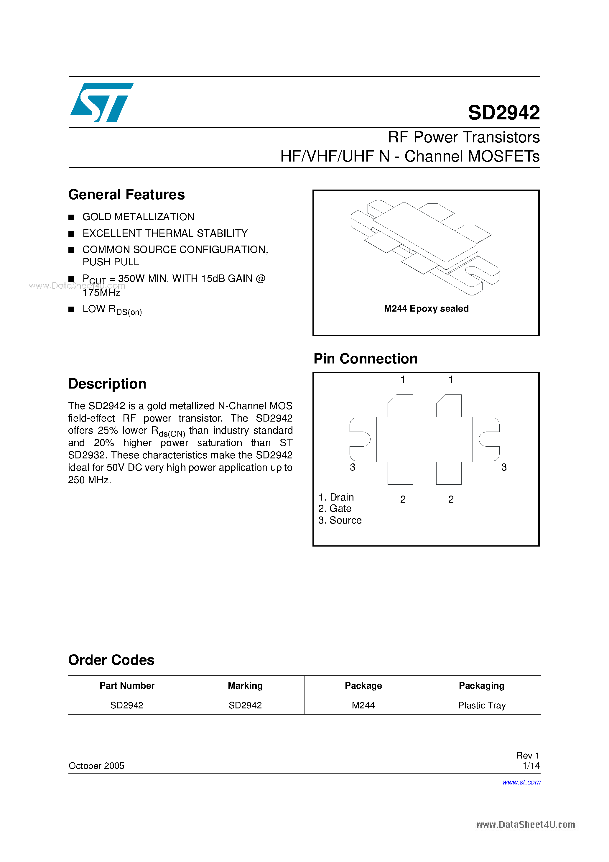 Datasheet SD2942 - RF Power Transistors HF/VHF/UHF N - Channel MOSFETs page 1