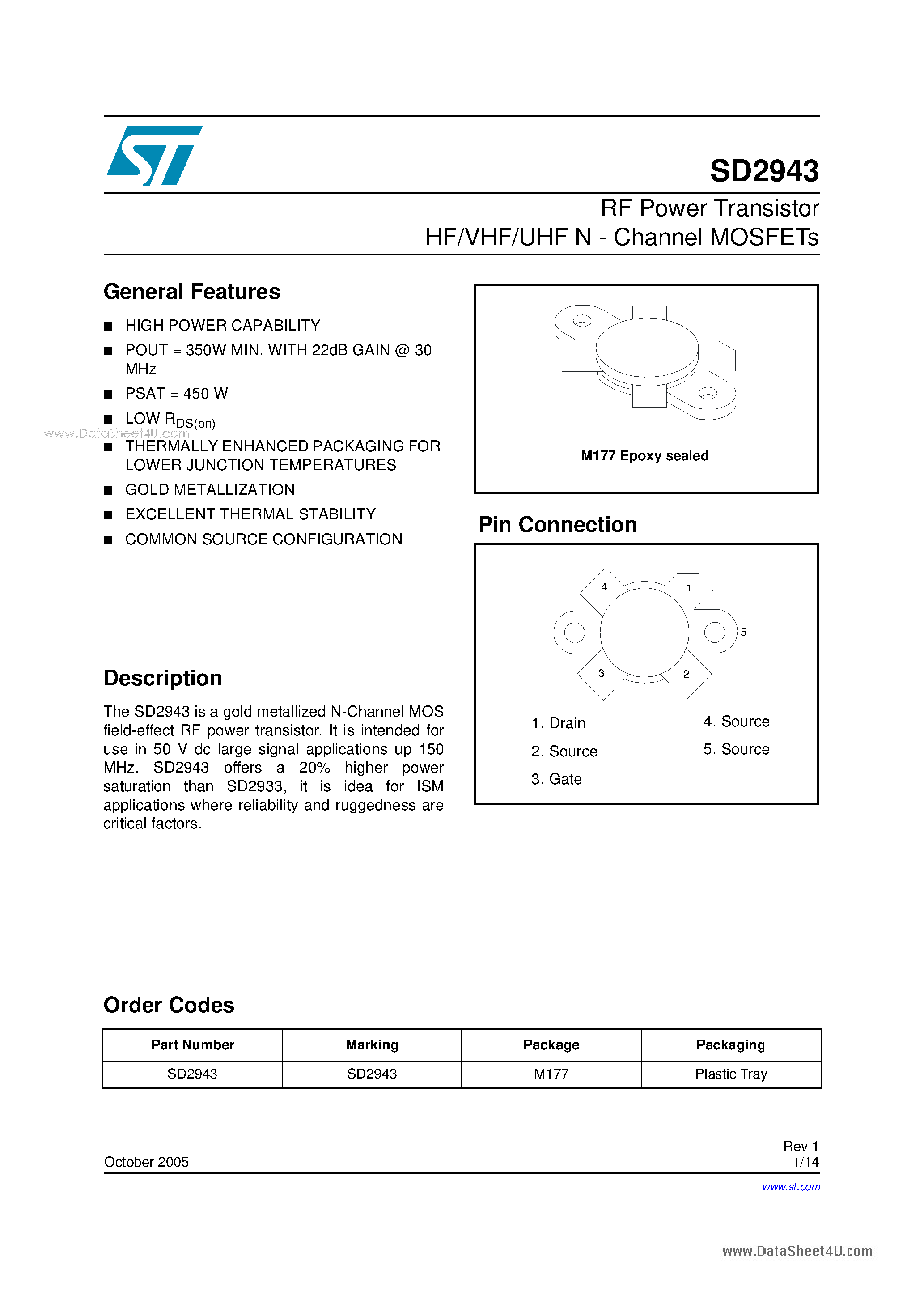 Datasheet SD2943 - RF Power Transistor HF/VHF/UHF N - Channel MOSFETs page 1