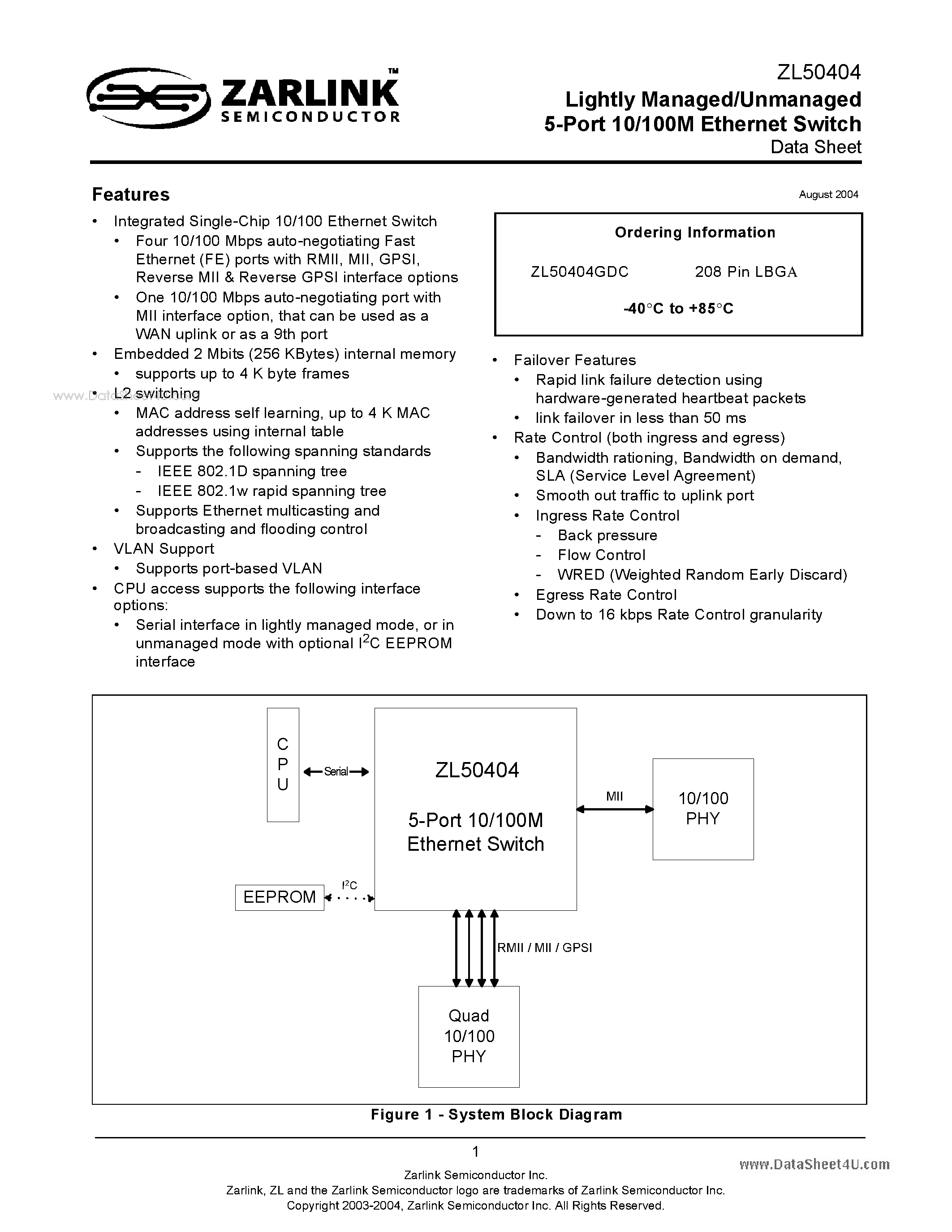 Datasheet ZL50404 - Lightly Managed/Unmanaged 5-Port 10/100 M Ethernet Switch page 1