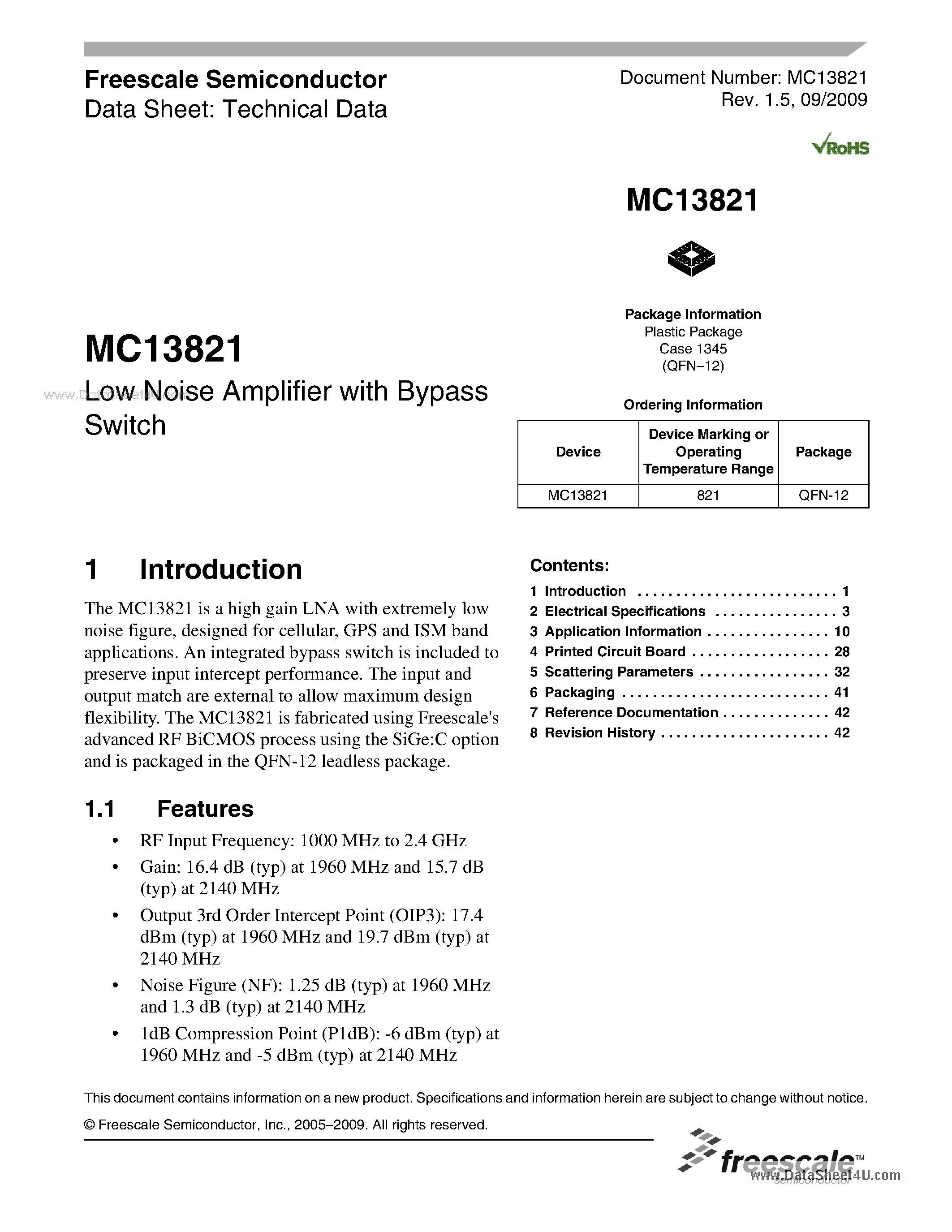 Datasheet MC13821 - Low Noise Amplifier page 1