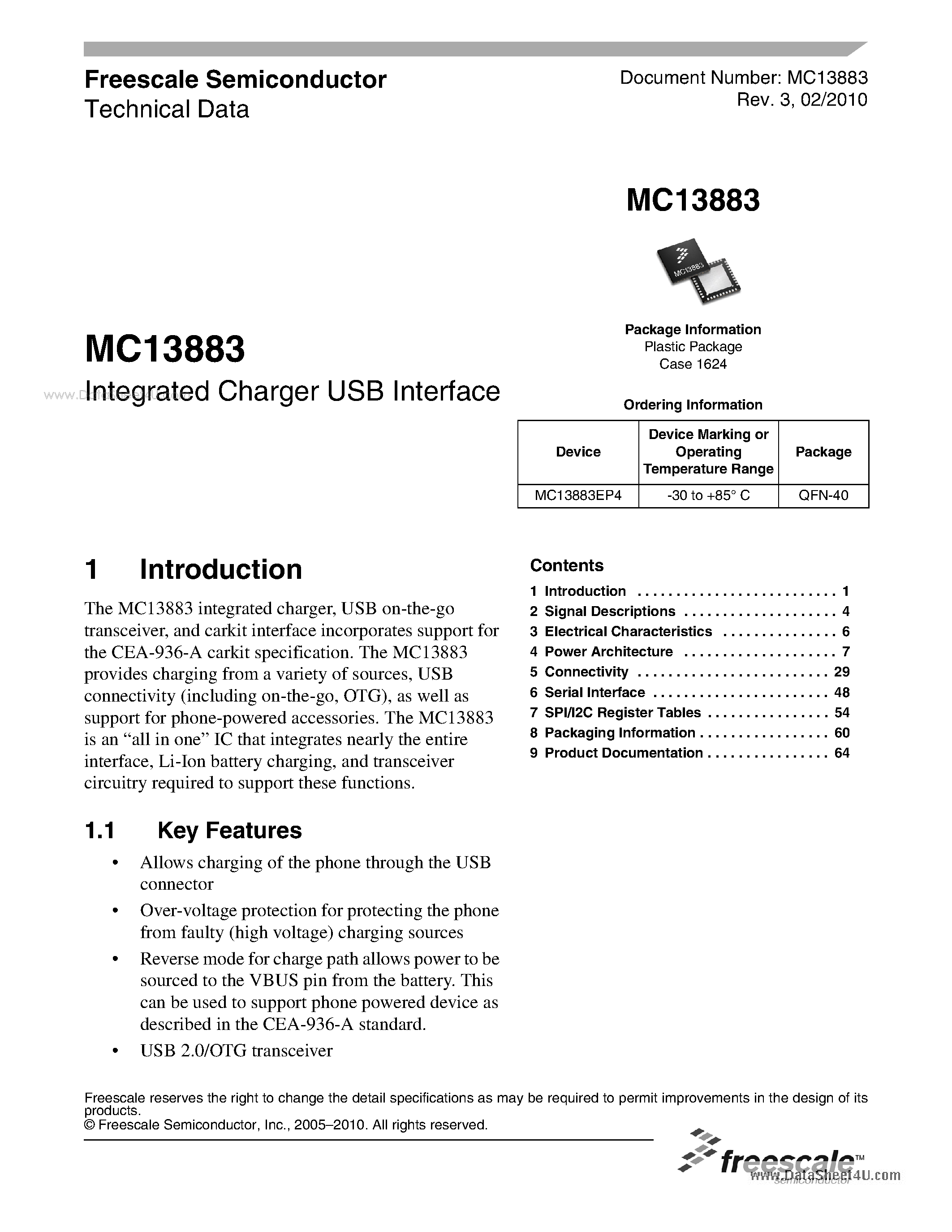 Даташит MC13883 - Integrated Charger USB Interface страница 1