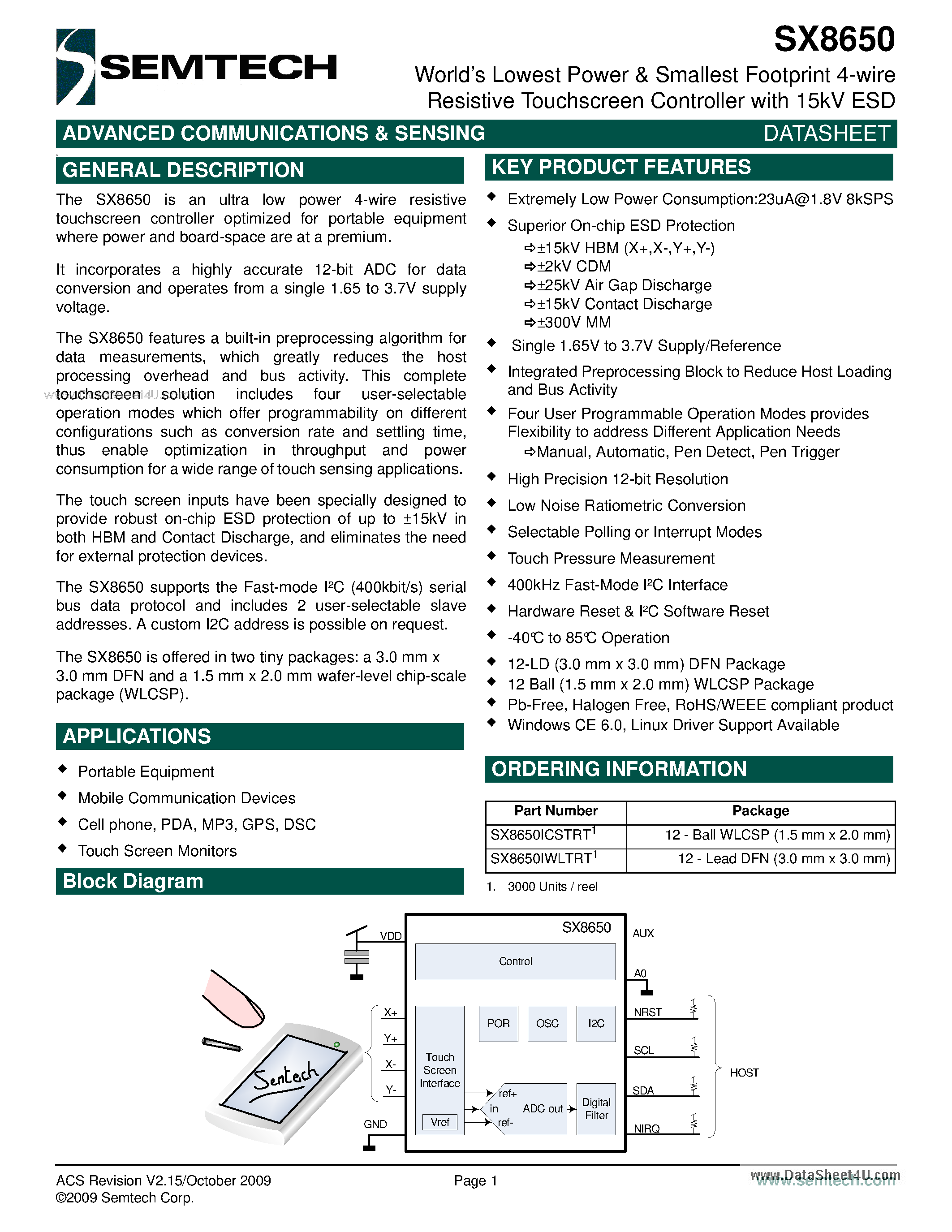 Datasheet SX8650 - Worlds Lowest Power & Smallest Footprint 4-wire Resistive Touchscreen Controller page 1