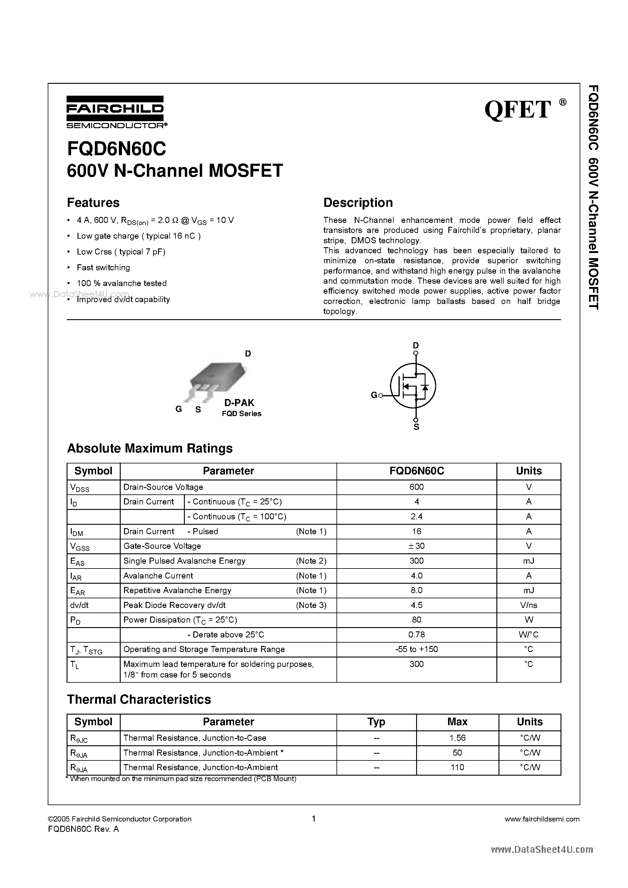 Datasheet FQD6N60C - 600V N-Channel MOSFET page 1
