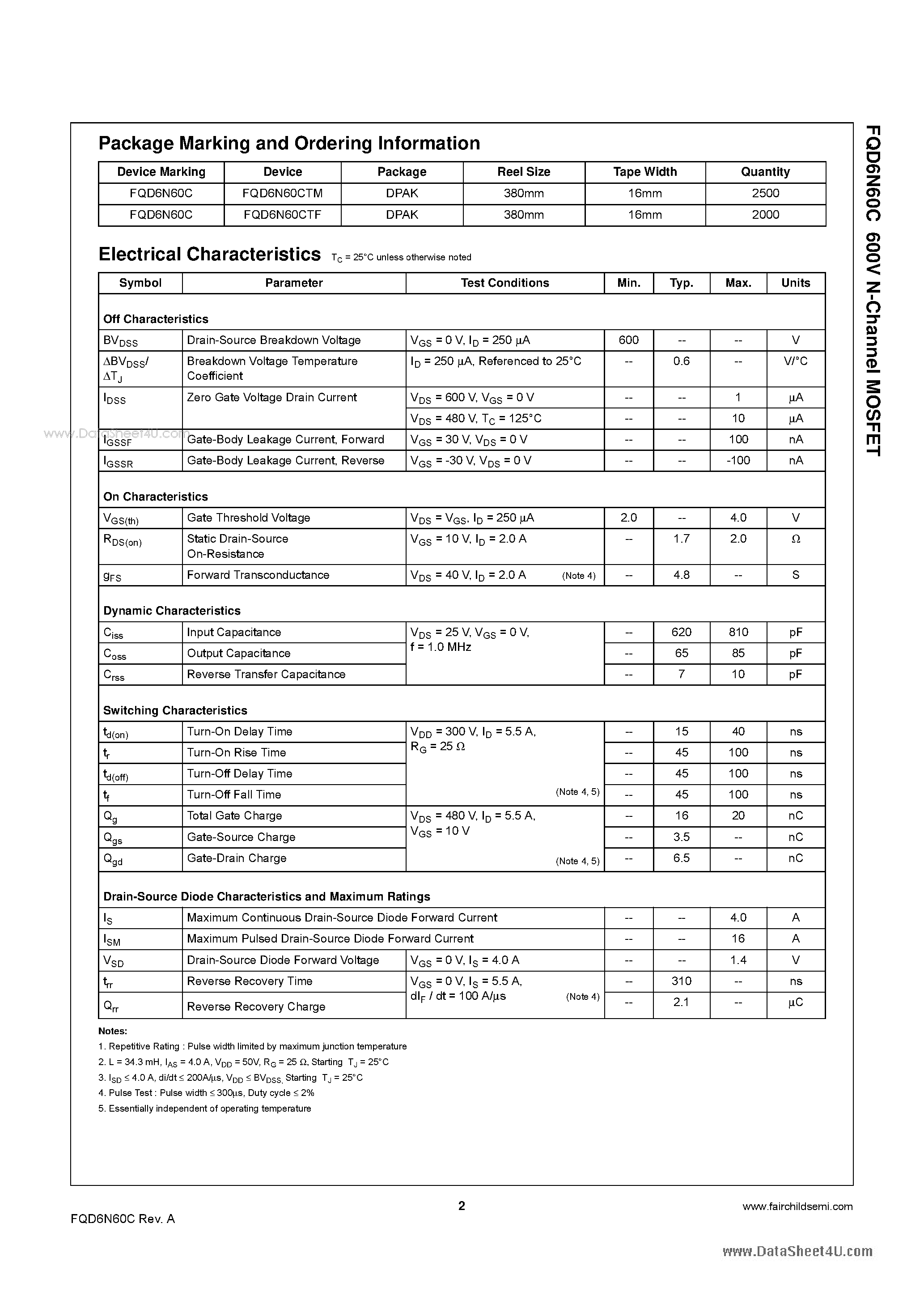 Datasheet FQD6N60C - 600V N-Channel MOSFET page 2