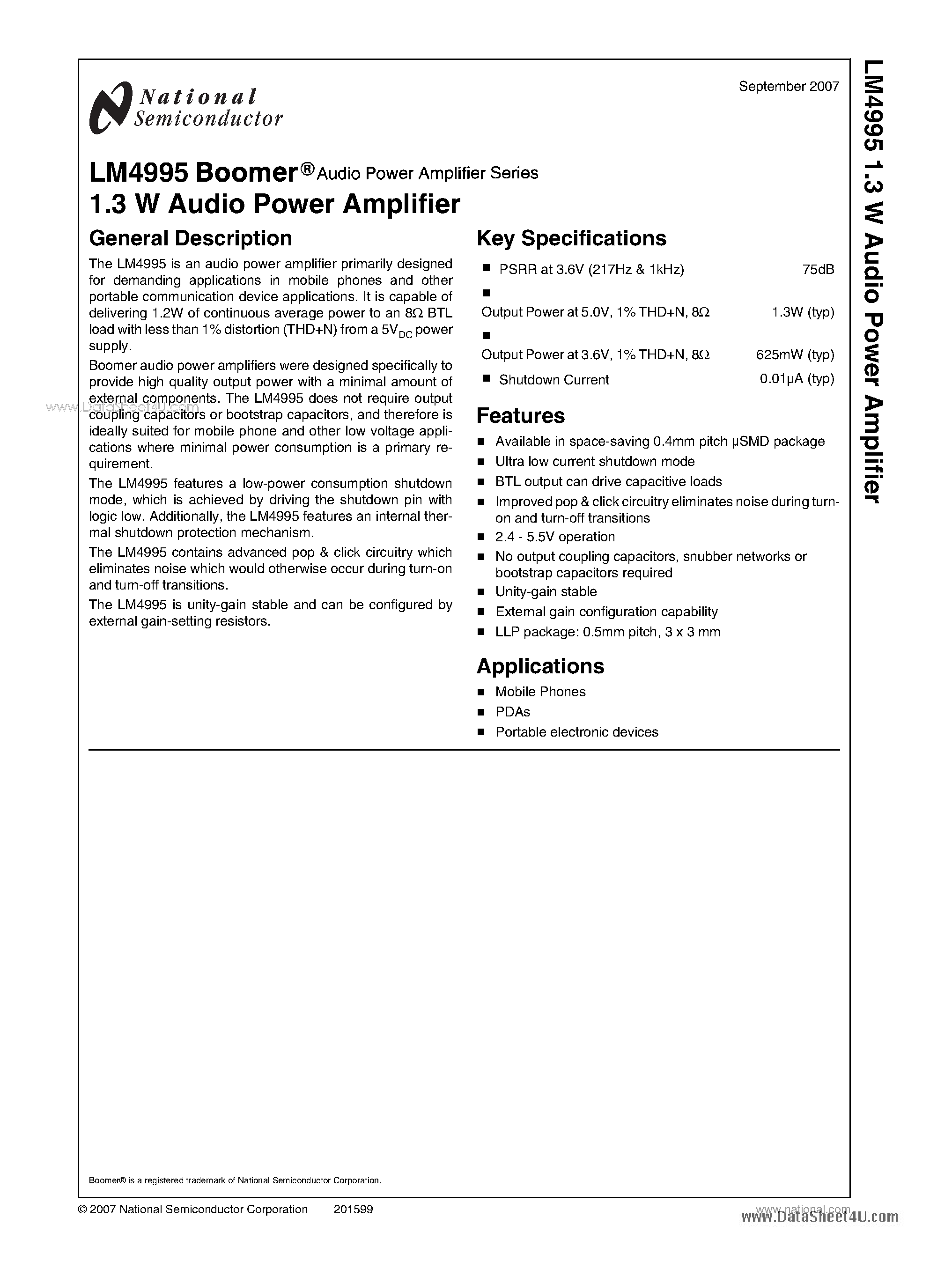 Даташит LM4995 - 1.3W Audio Power Amplifier страница 1