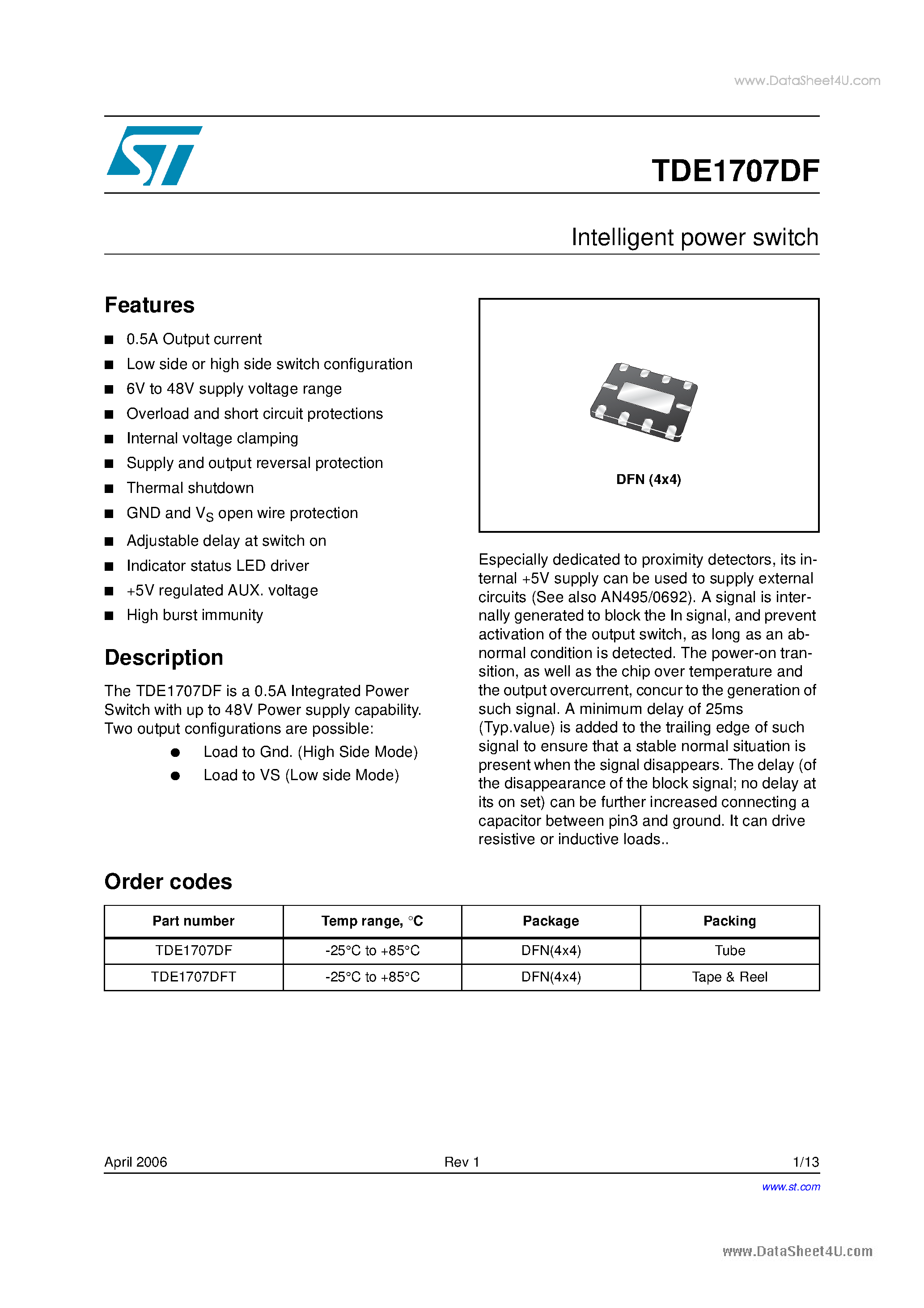 Даташит TDE1707DF - lntelligent power switch страница 1