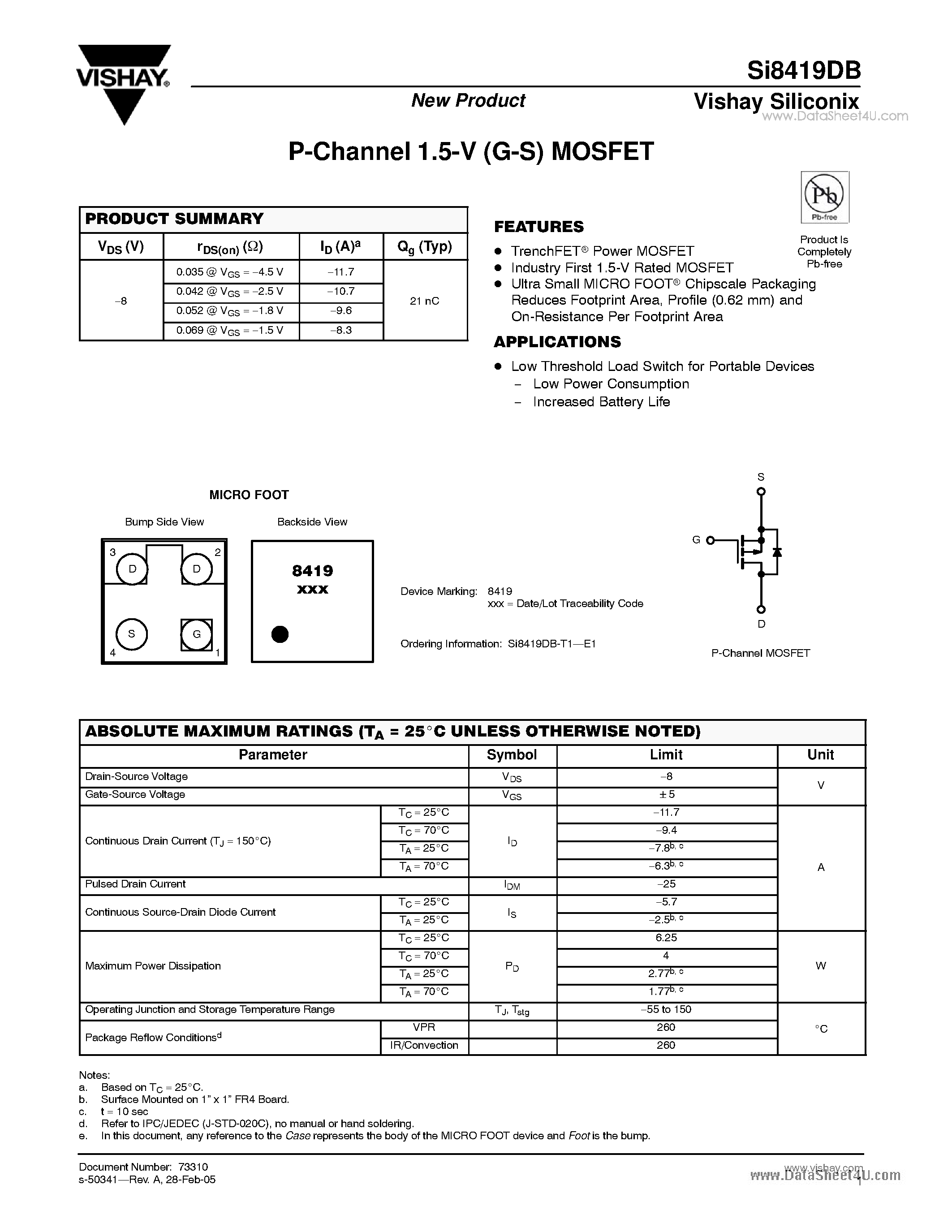Даташит Si8419DB - P-Channel 1.5-V (G-S) MOSFET страница 1