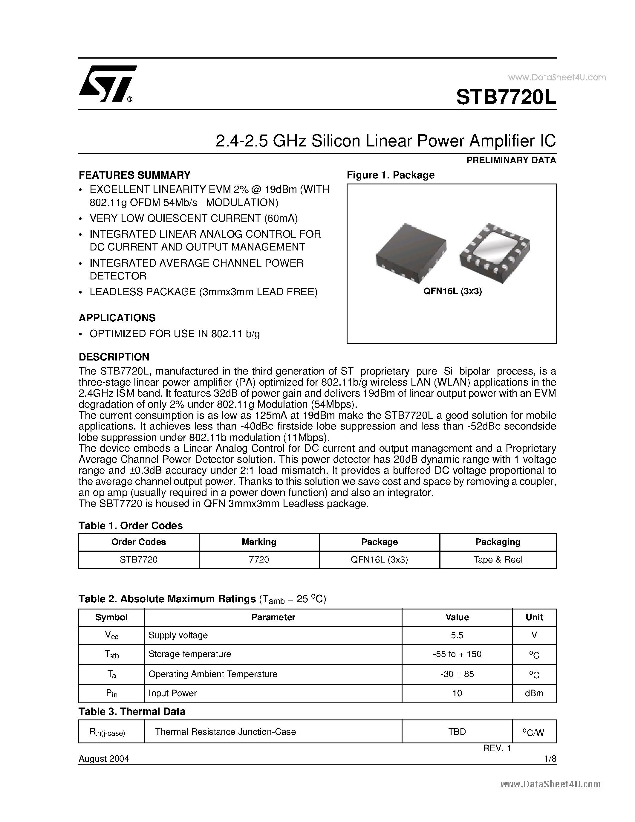 Datasheet STB7720L - 2.4-2.5 GHz Silicon Linear Power Amplifier IC page 1