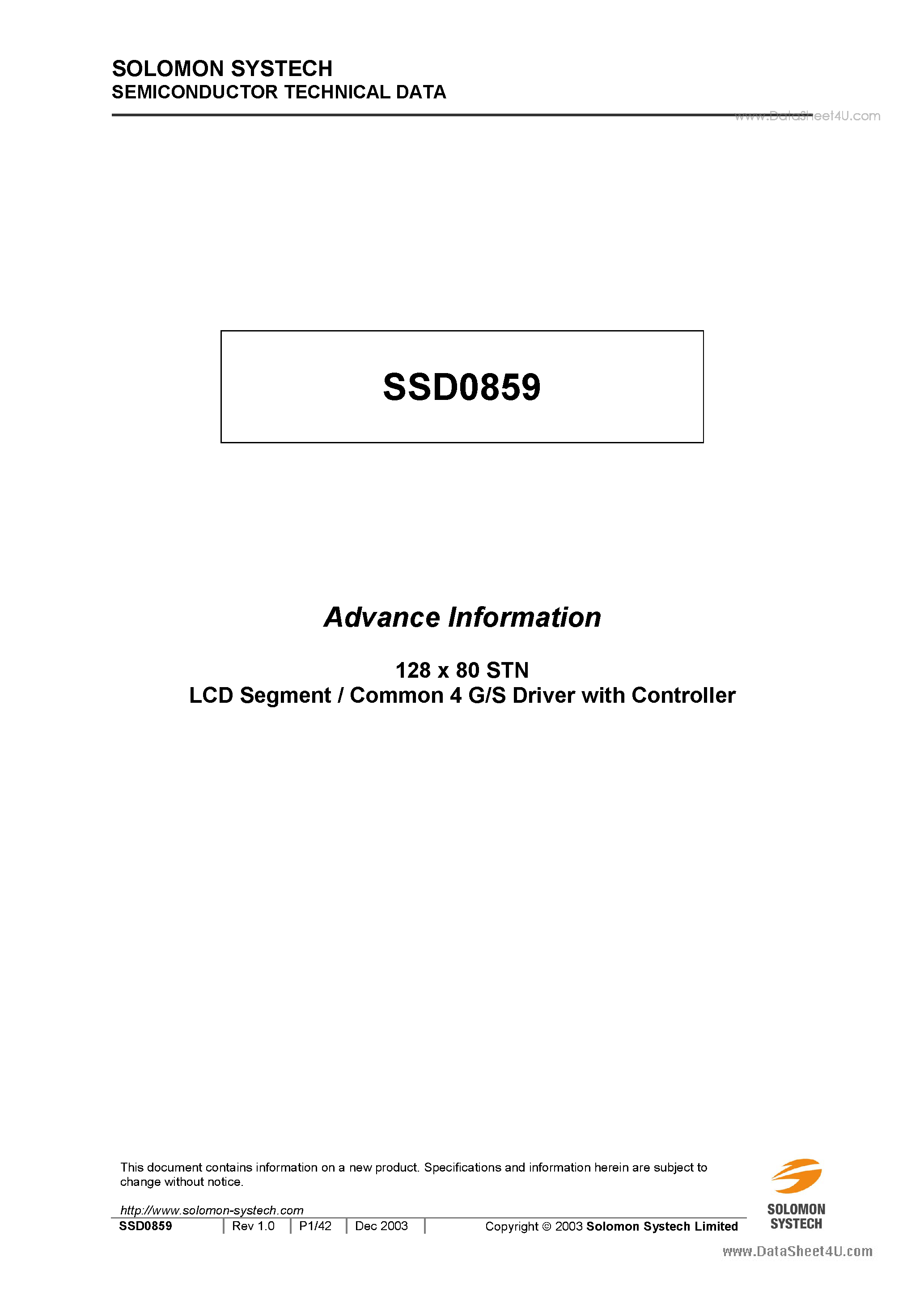 Даташит SSD0859 - 128 x 80 STN LCD Segment / Common 4 G/S Drive страница 1