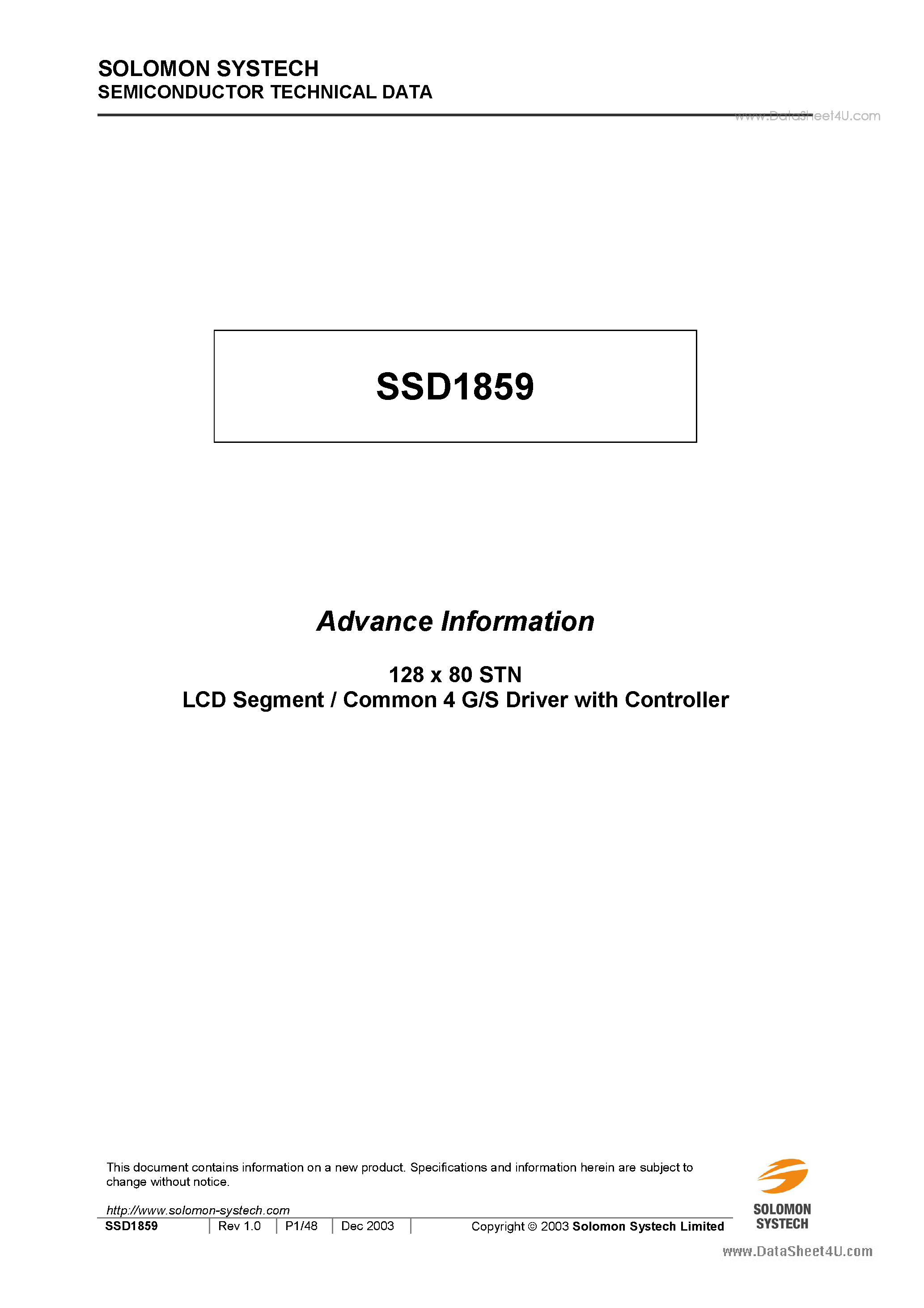 Даташит SSD1859 - 128 x 80 STN LCD Segment / Common 4 G/S Drive страница 1