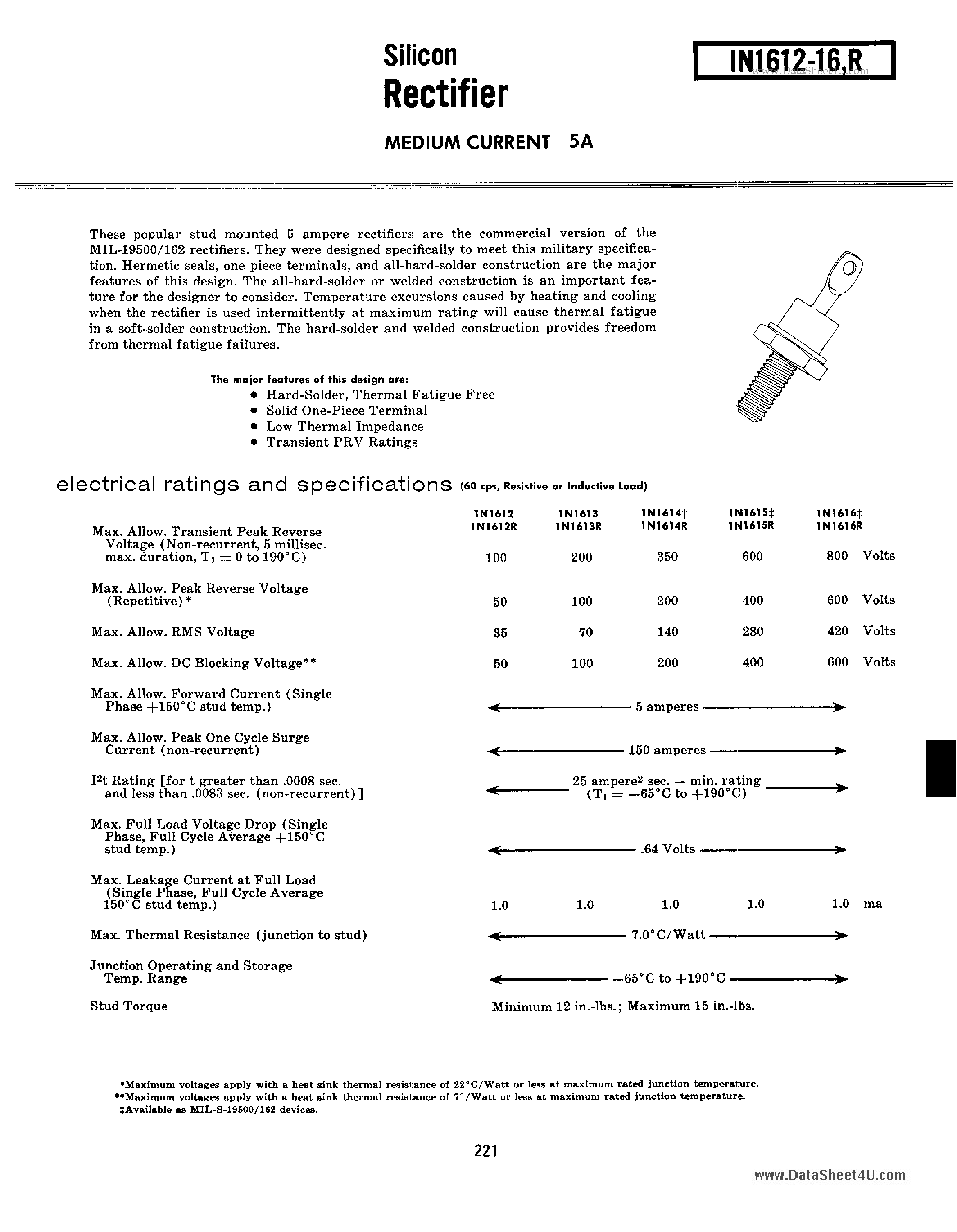 Datasheet 1N1612 - (1N1612 - 1N1616) Silicon Rectifier page 1