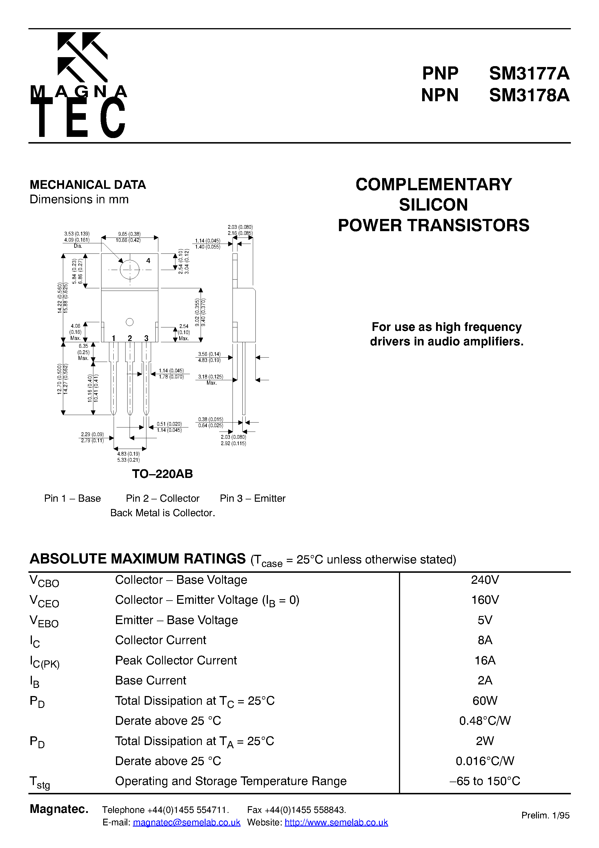 Даташит SM3177A - (SM3177A / SM3178A) Power Transistor страница 1