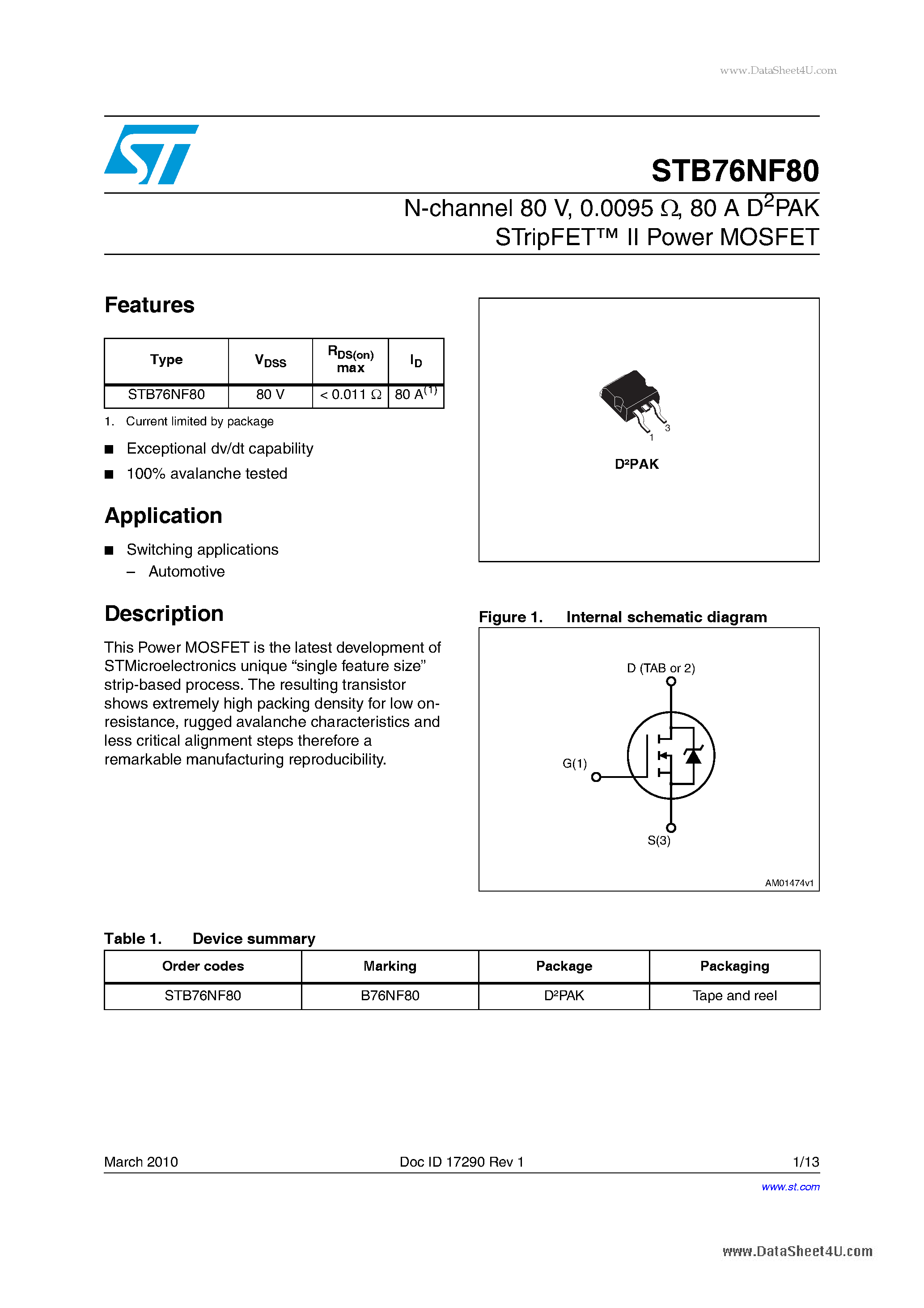 Datasheet STB76NF80 - Power MOSFETs page 1