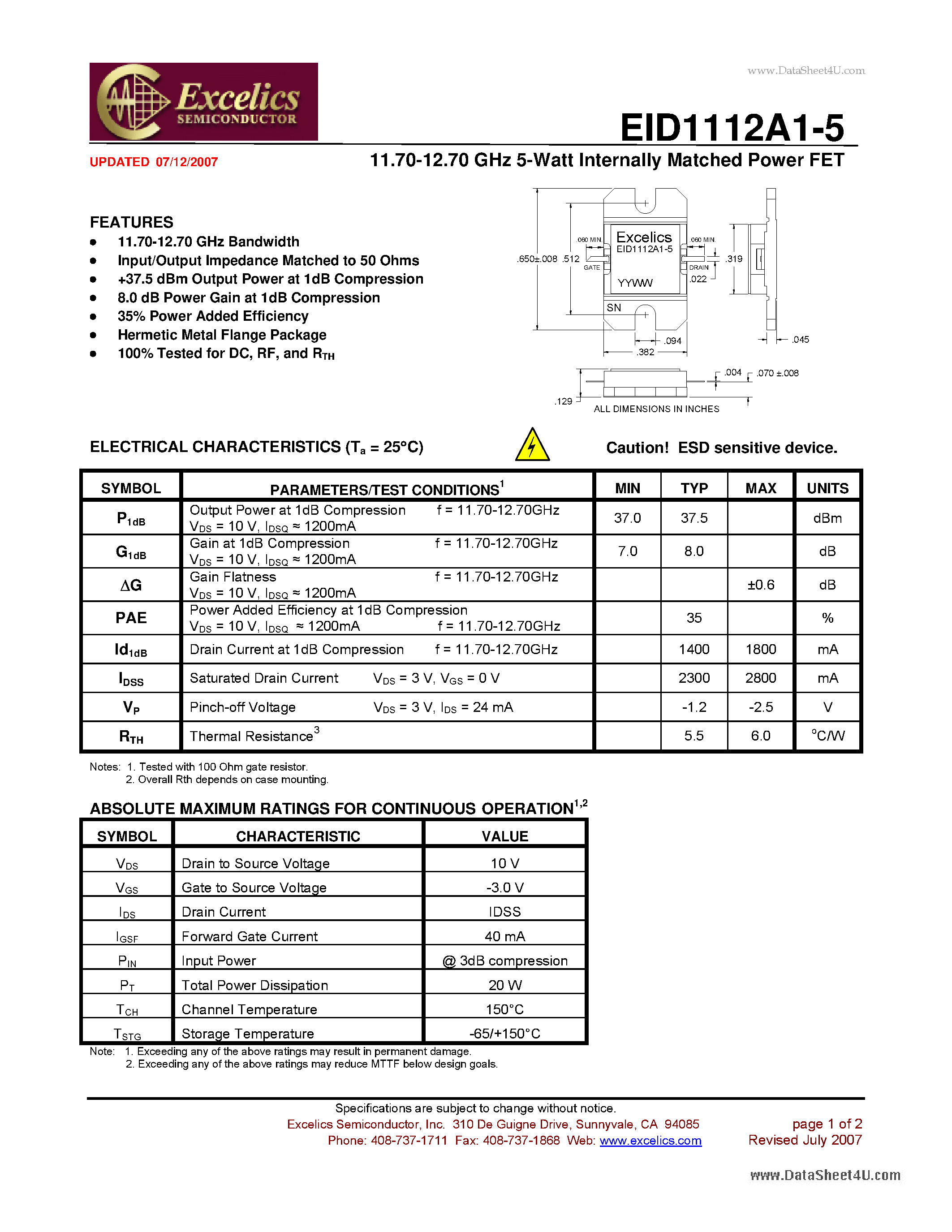 Datasheet EID1112A1-5 - 11.70-12.70 GHz 5-Watt Internally Matched Power FET page 1