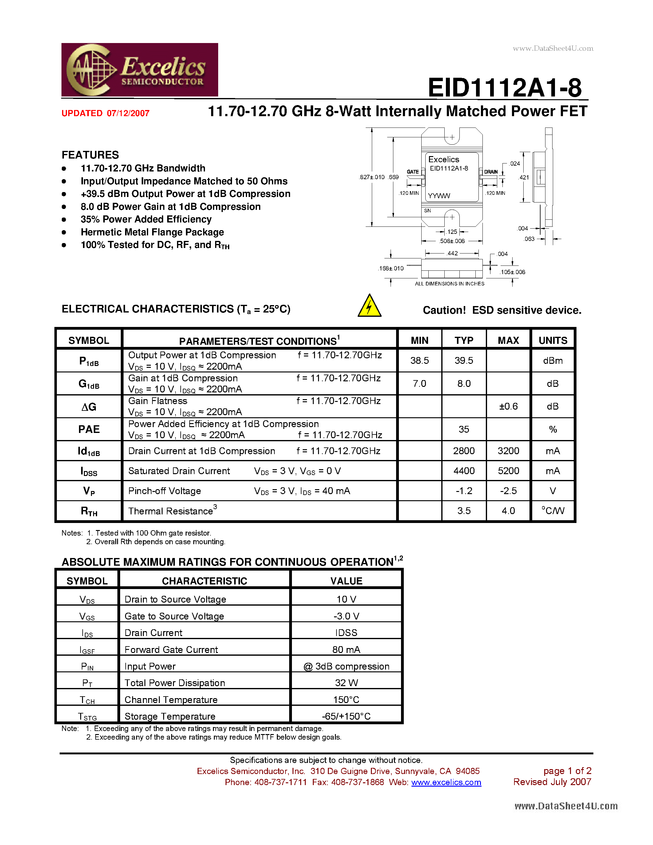 Datasheet EID1112A1-8 - 11.70-12.70 GHz 8-Watt Internally Matched Power FET page 1