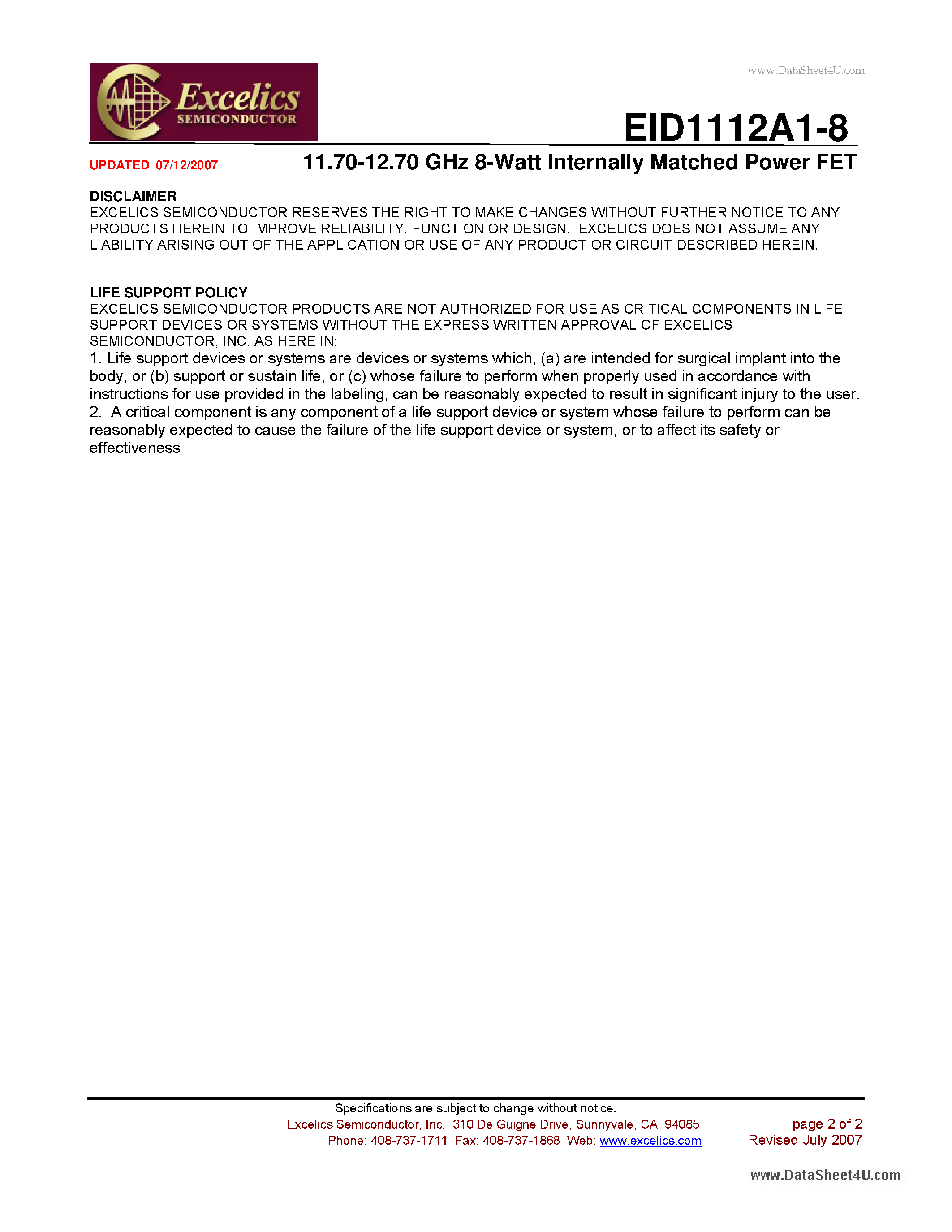 Даташит EID1112A1-8 - 11.70-12.70 GHz 8-Watt Internally Matched Power FET страница 2