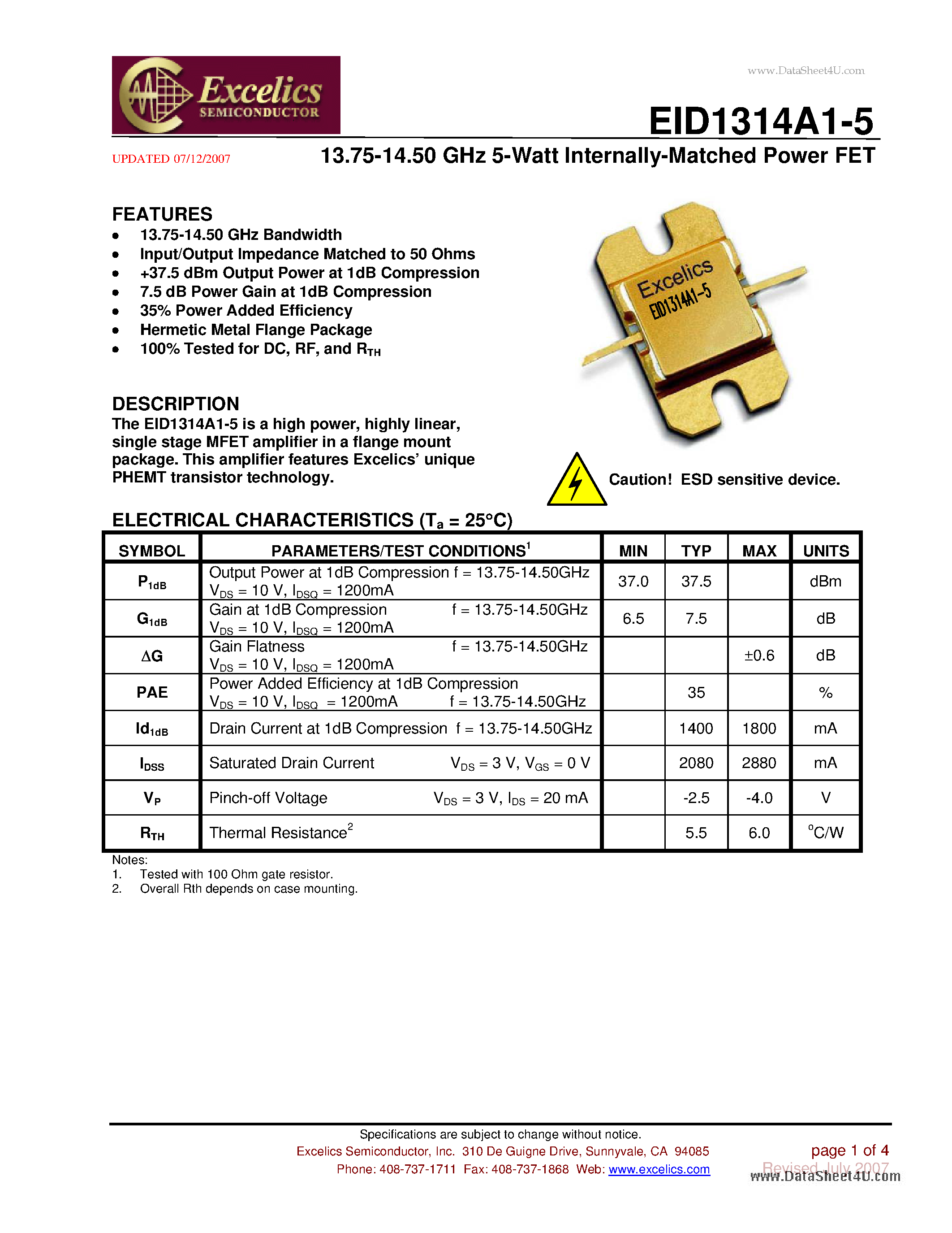 Даташит EID1314A1-5 - 13.75-14.50 GHz 5-Watt Internally-Matched Power FET страница 1