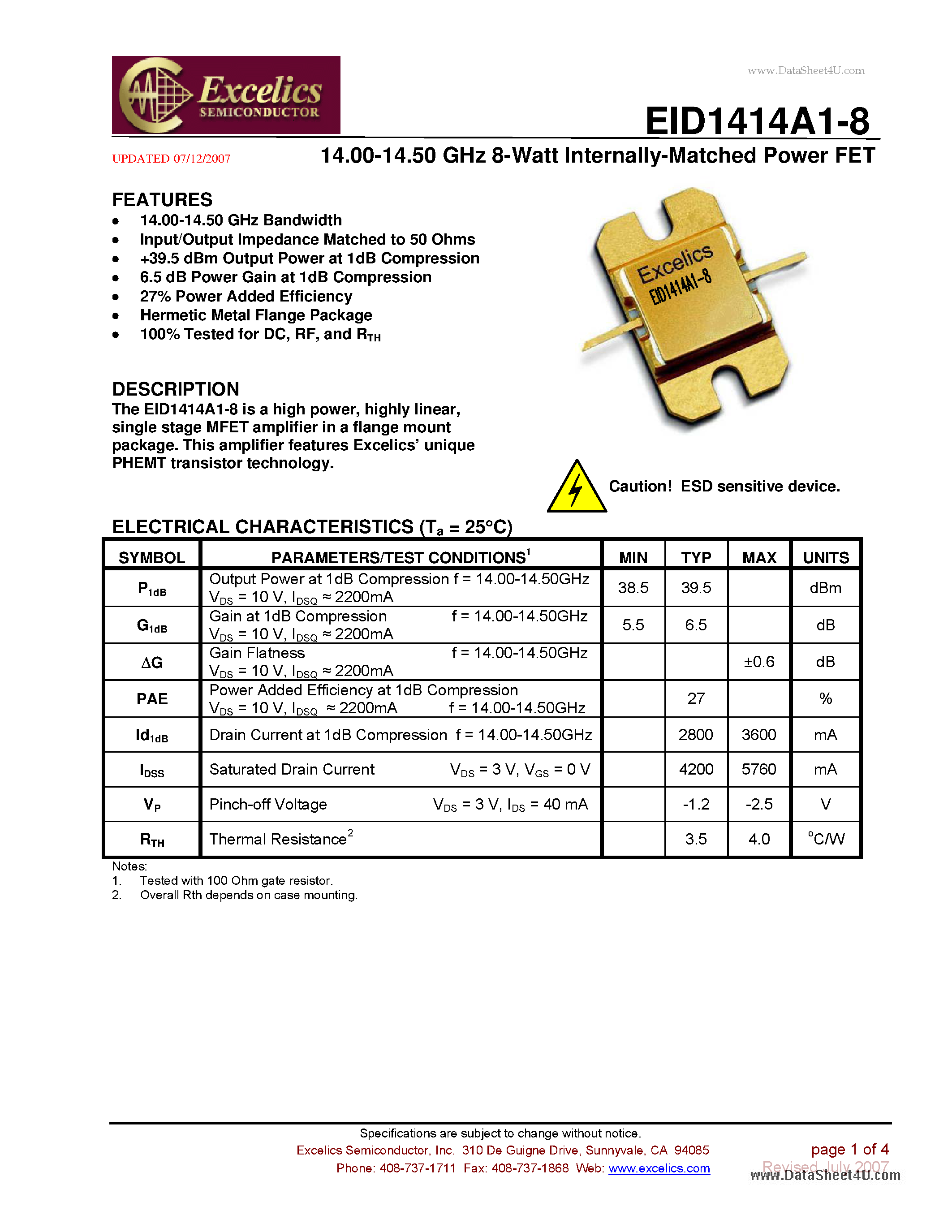 Datasheet EID1414A1-8 - 14.00-14.50 GHz 8-Watt Internally-Matched Power FET page 1