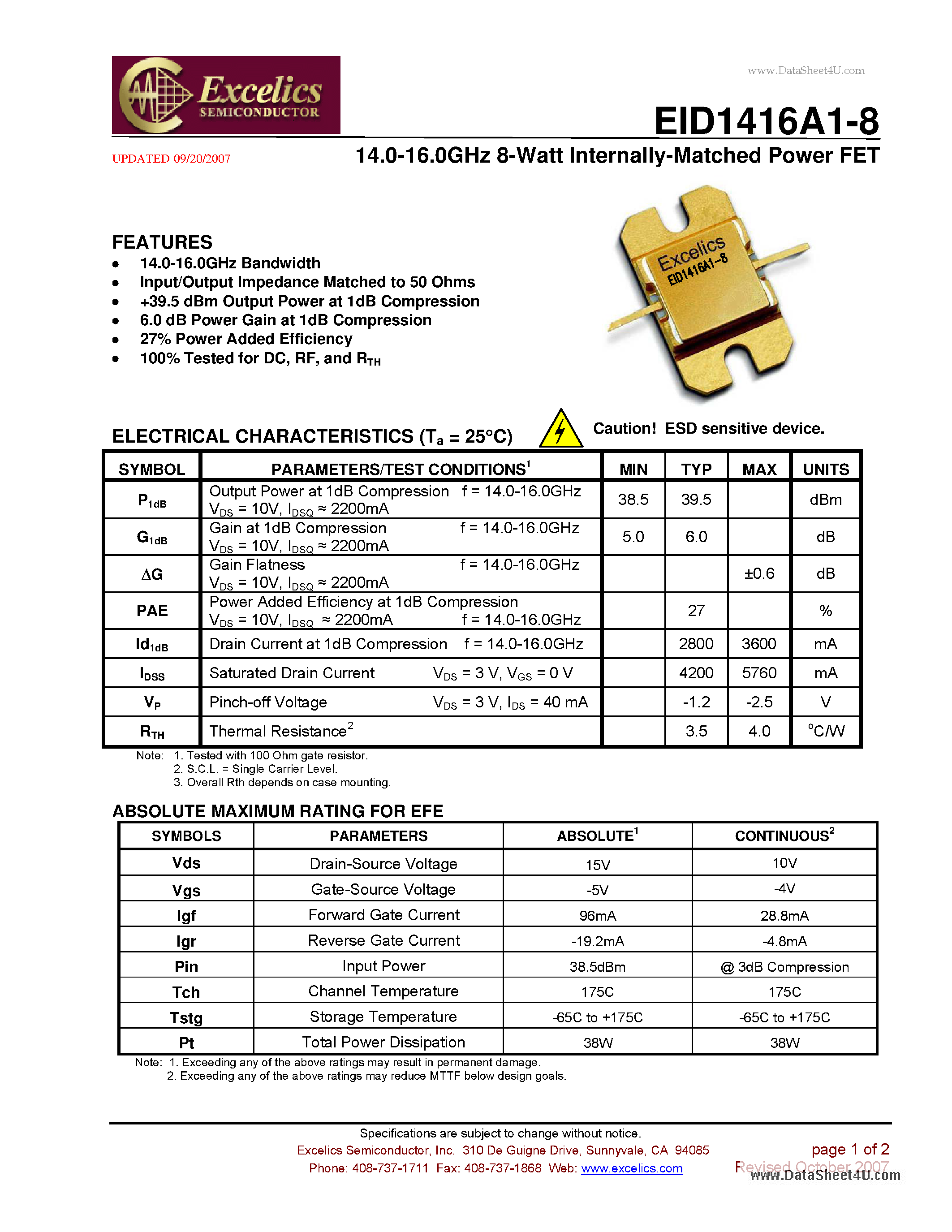 Даташит EID1416A1-8 - 14.0-16.0 GHz 8-Watt Internally-Matched Power FET страница 1