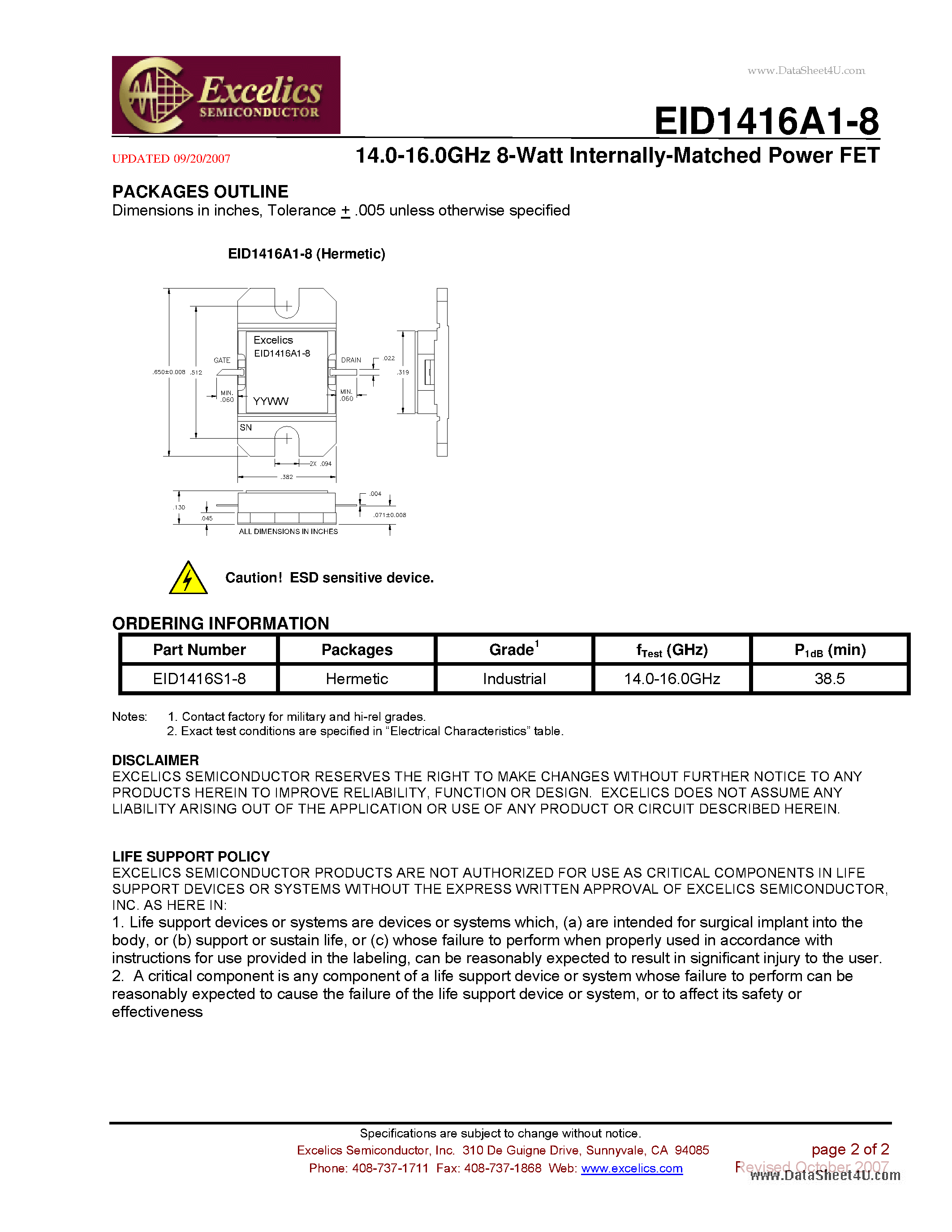 Даташит EID1416A1-8 - 14.0-16.0 GHz 8-Watt Internally-Matched Power FET страница 2