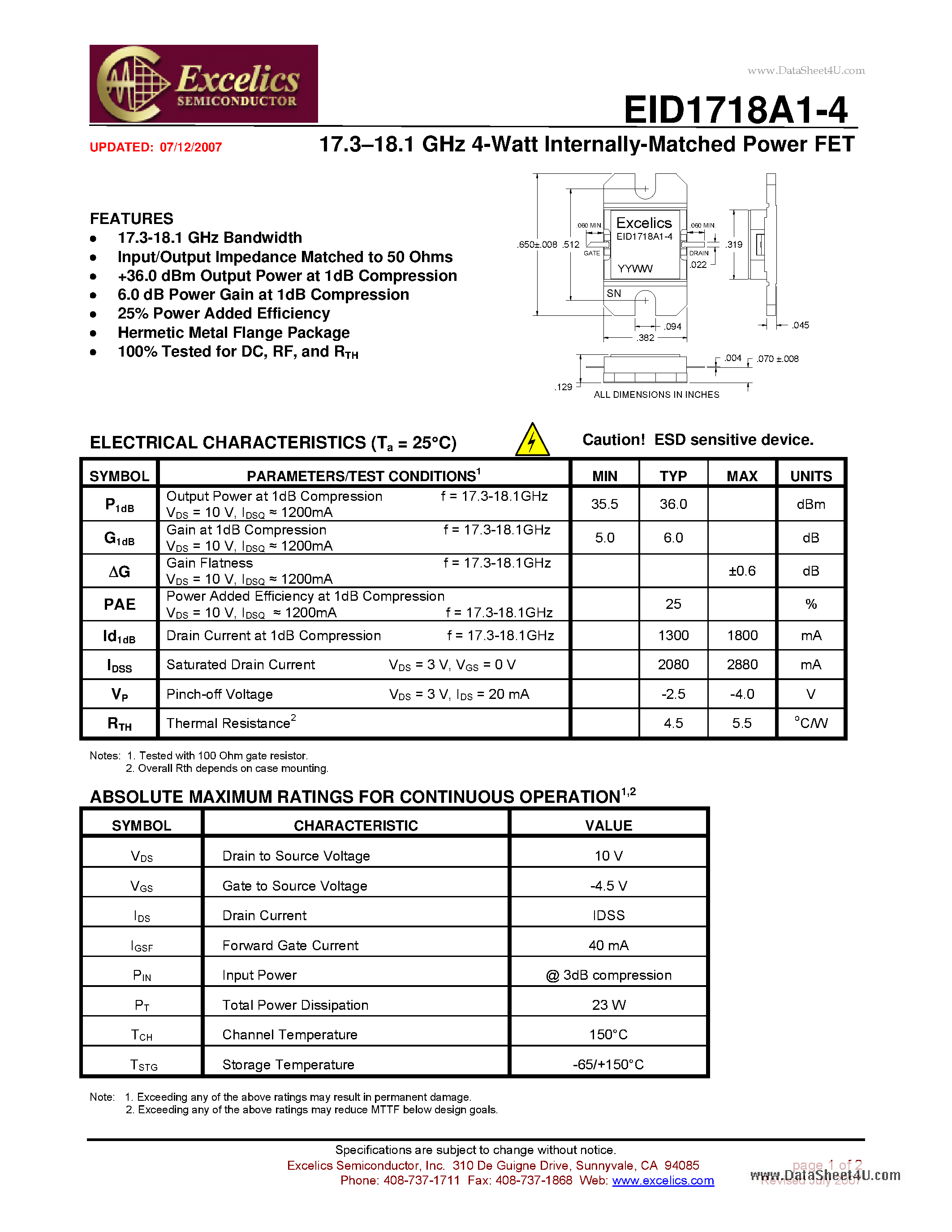 Даташит EID1718A1-4 - 17.3-18.1 GHz 4-Watt Internally-Matched Power FET страница 1