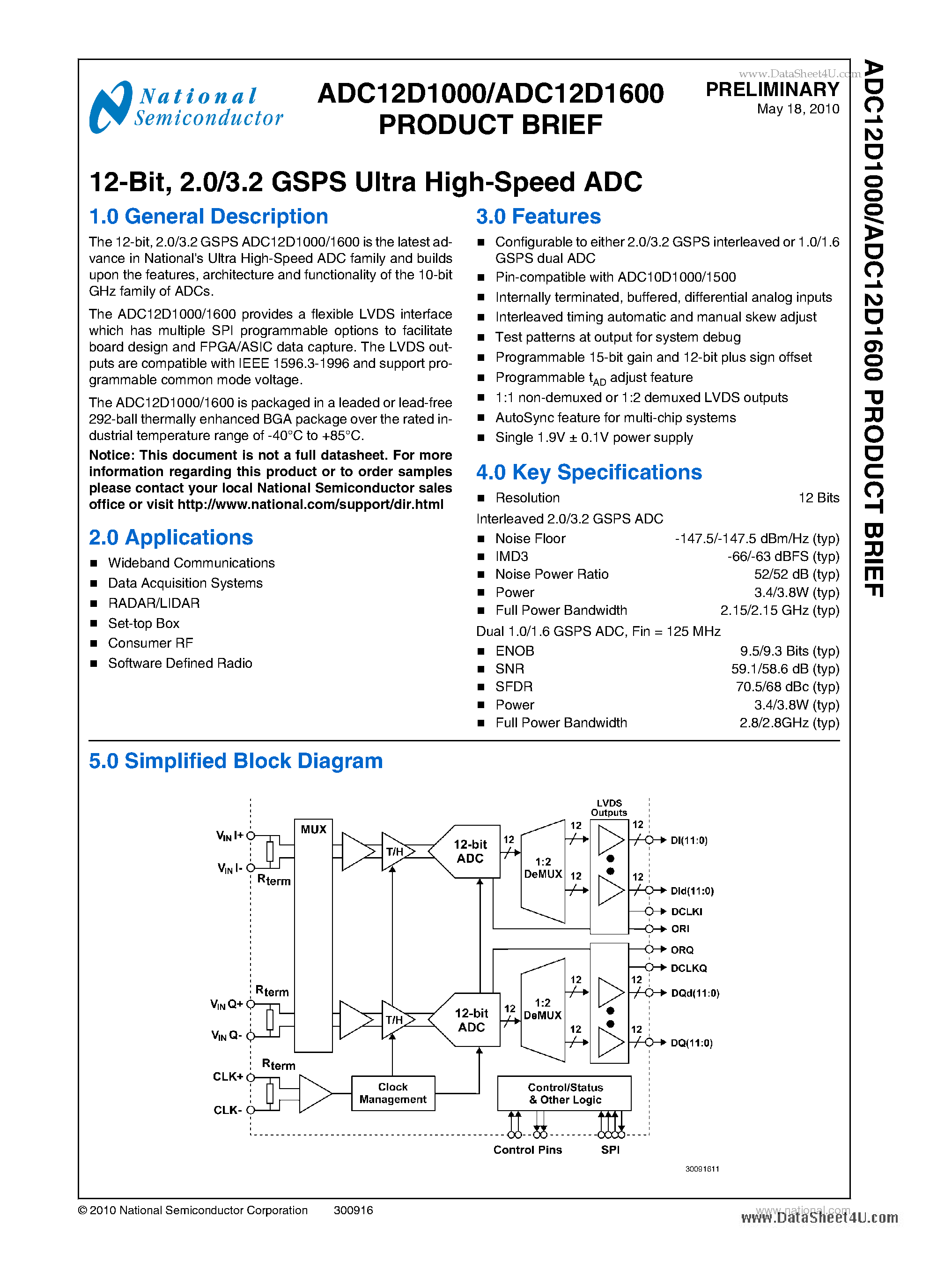 Datasheet ADC12D1000 - (ADC12D1000 / ADC12D1600) 2.0/3.2 GSPS Ultra High-Speed ADC page 1