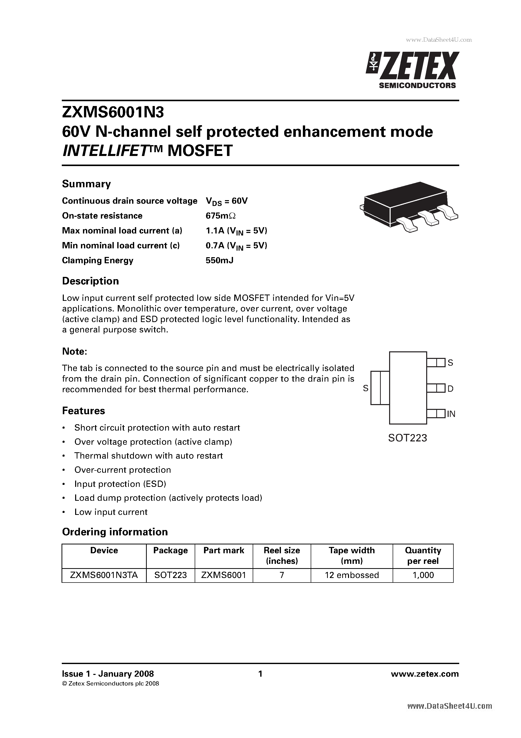 Datasheet ZXMS6001N3 - 60V N-channel self protected enhancement mode INTELLIFETTM MOSFET page 1