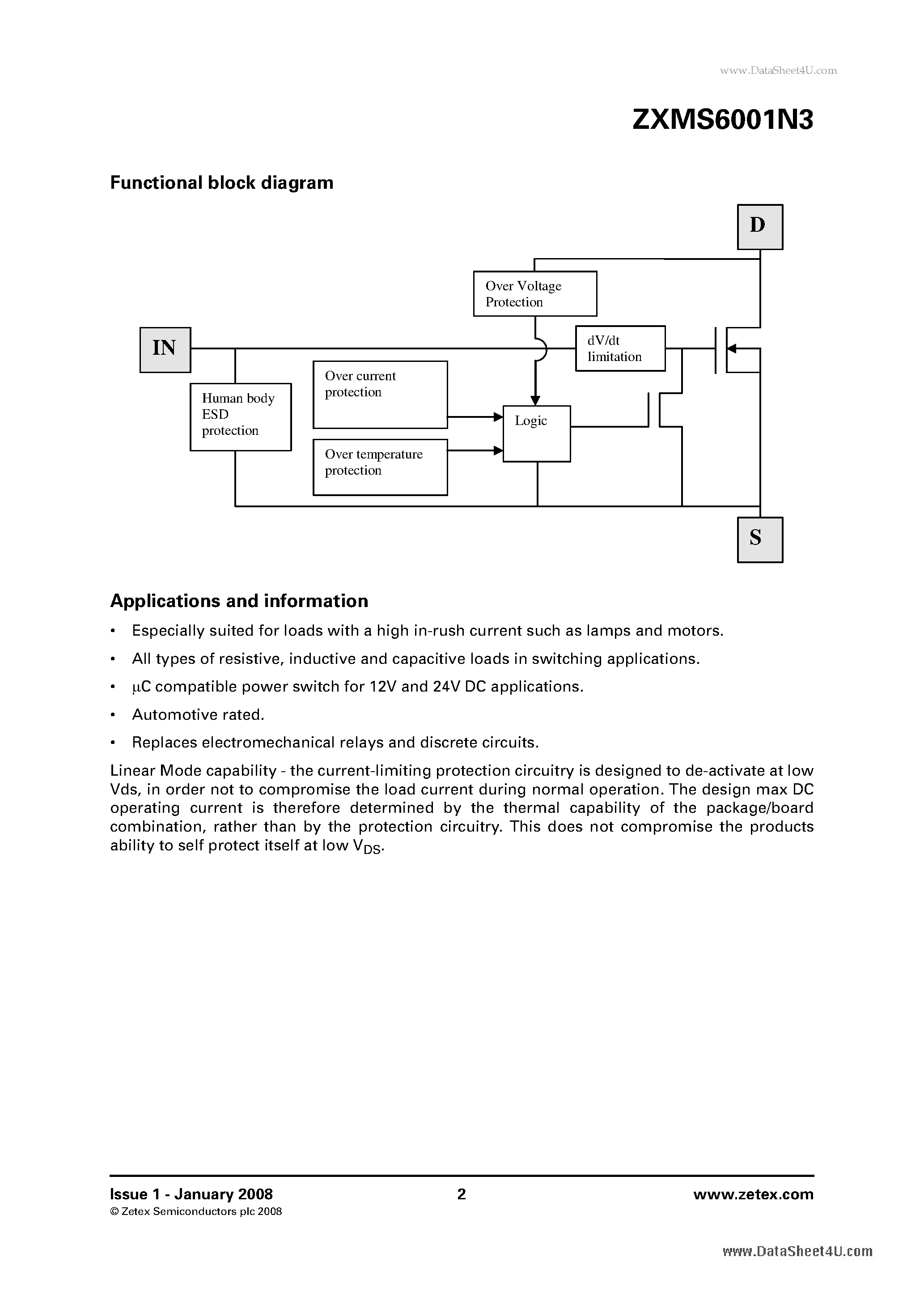 Datasheet ZXMS6001N3 - 60V N-channel self protected enhancement mode INTELLIFETTM MOSFET page 2