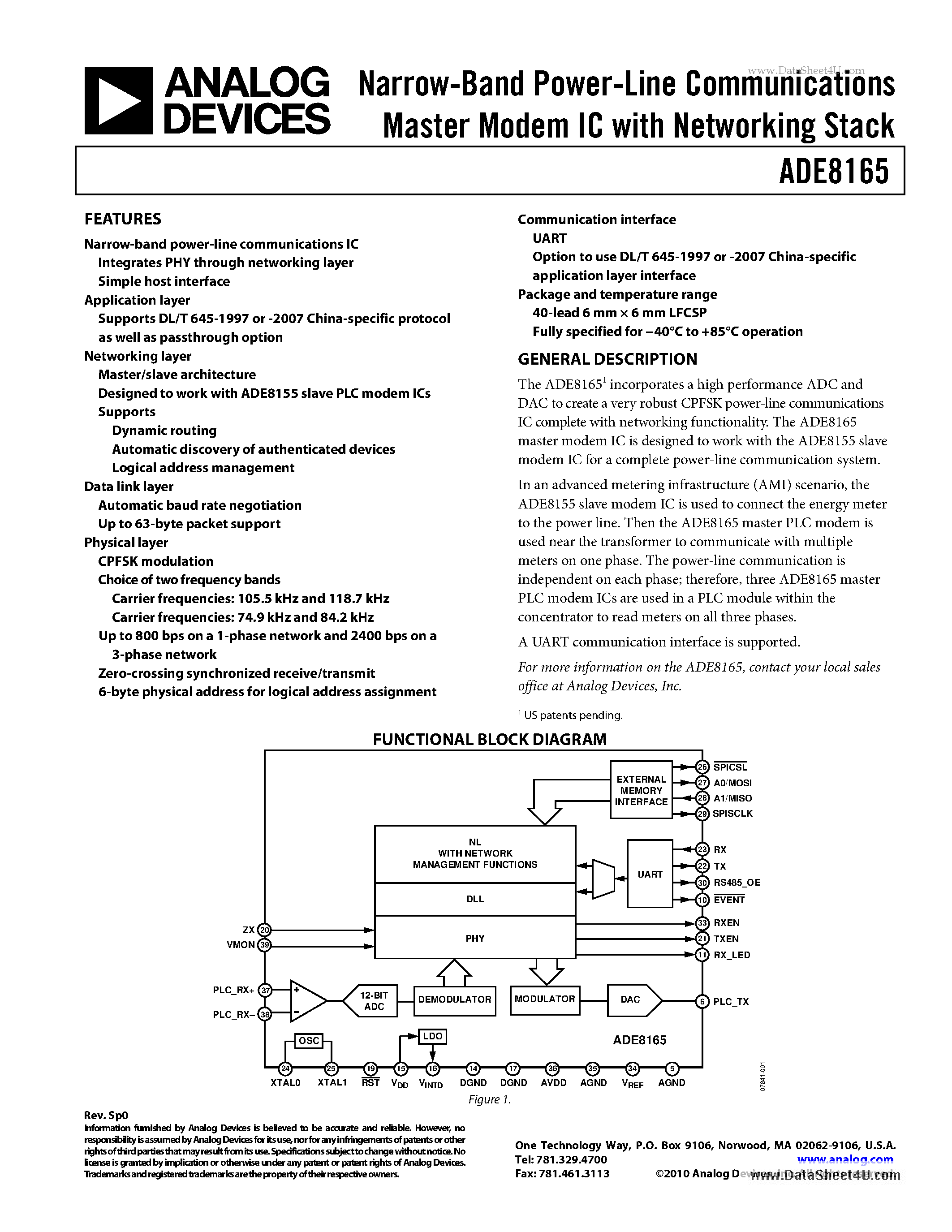 Datasheet ADE8165 - Narrow-Band Power-Line Communications Master Modem IC page 1