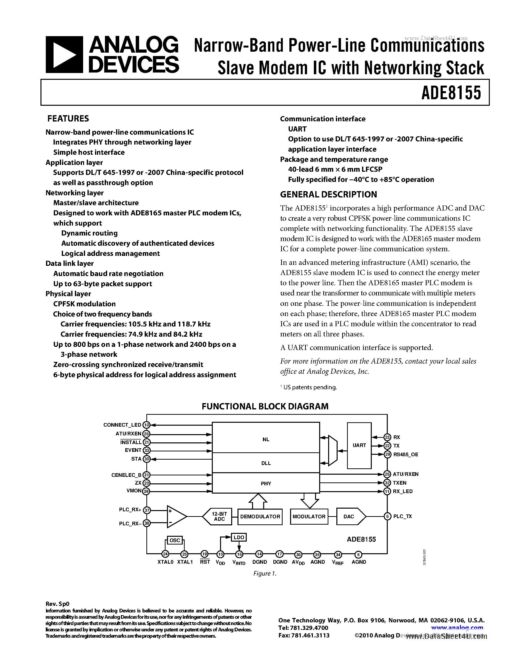 Datasheet ADE8155 - Narrow-Band Power-Line Communications Slave Modem IC page 1