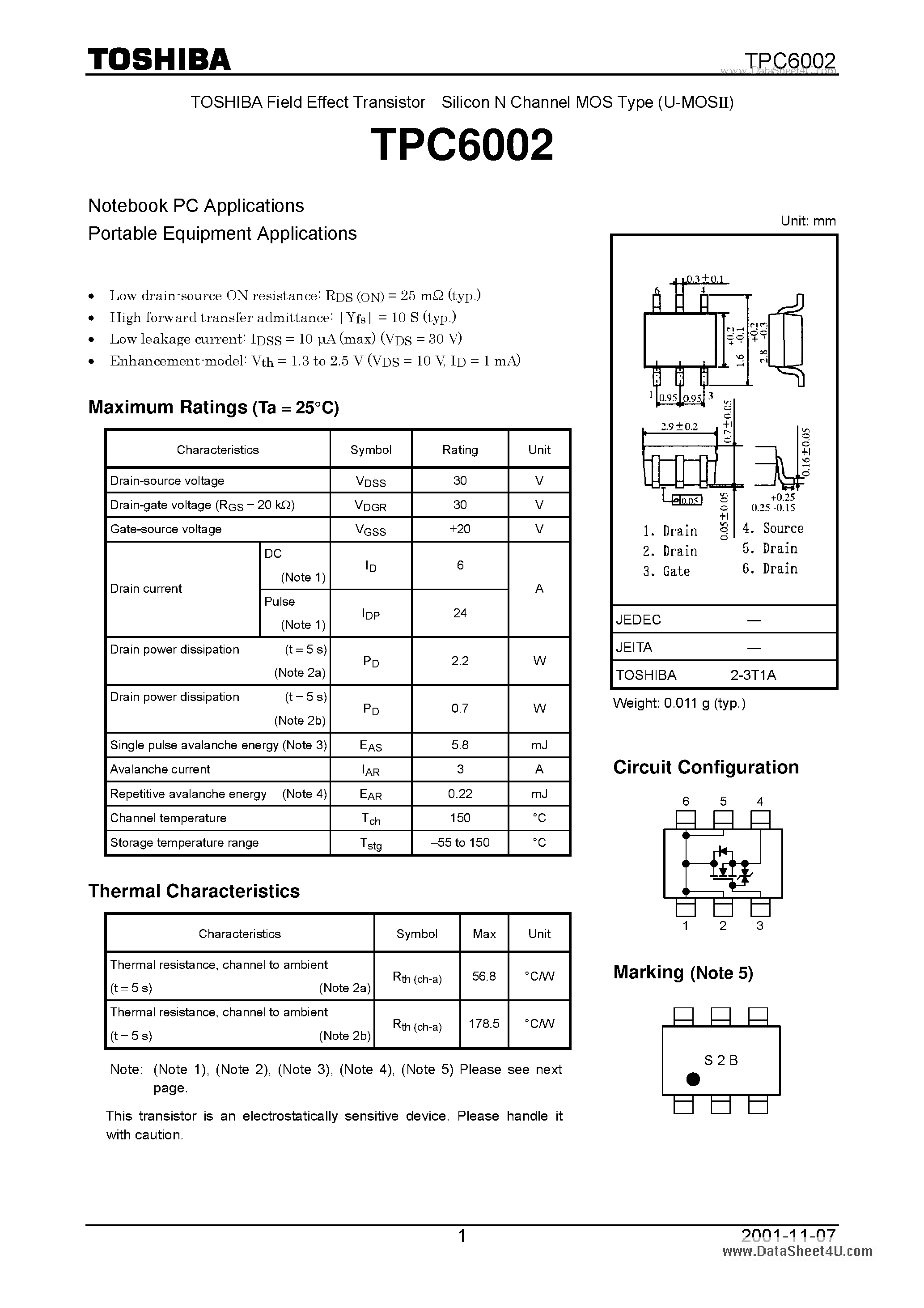Datasheet TPC6002 - TOSHIBA Field Effect Transistor Silicon N Channel MOS Type (U-MOSII) page 1