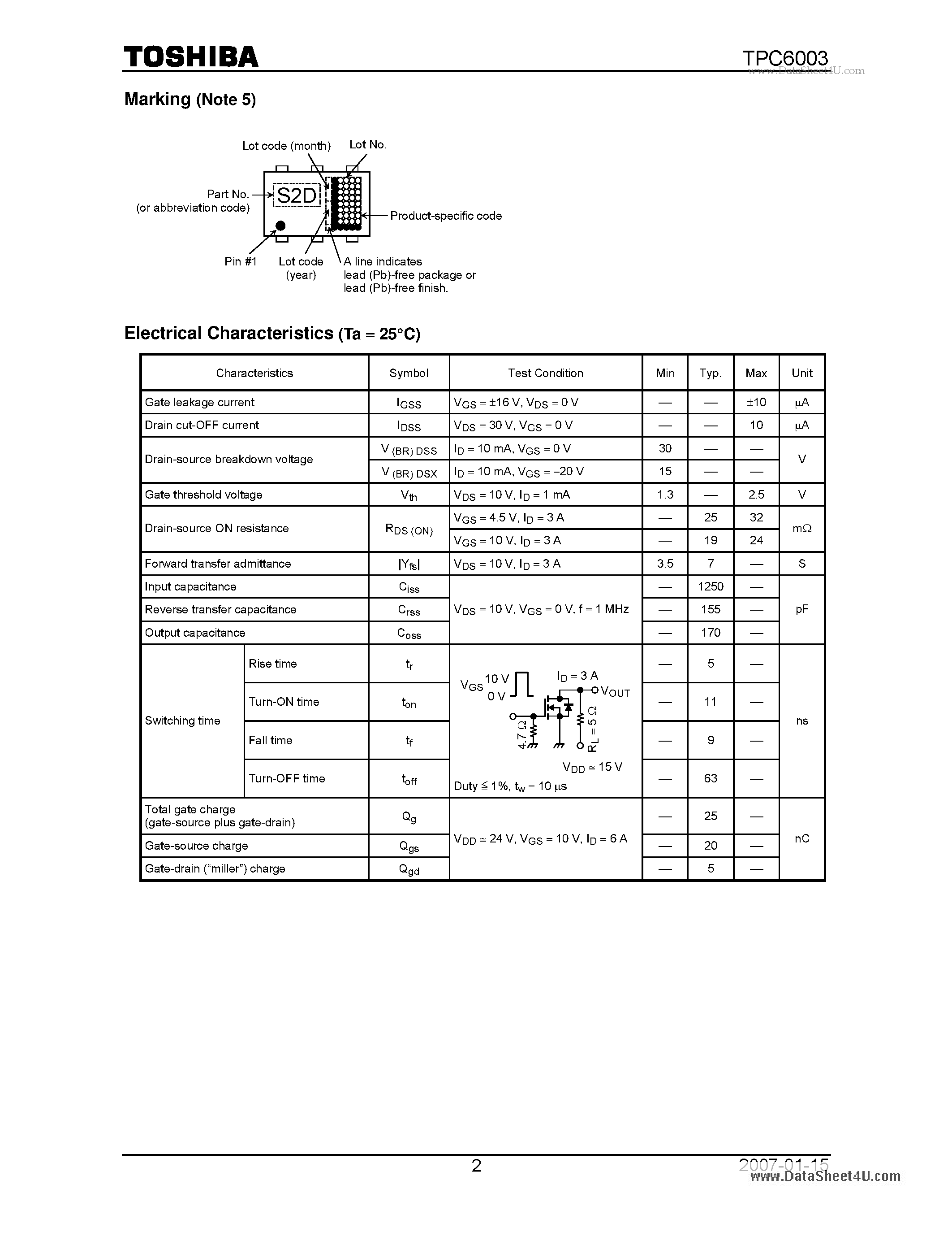 Datasheet TPC6003 - Silicon N Channel MOS Type (U-MOSIII) page 2
