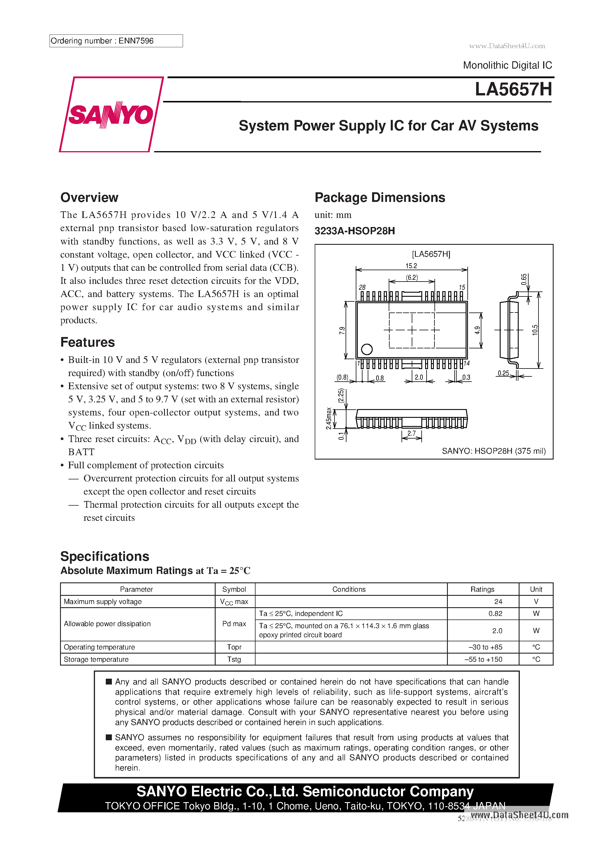 Datasheet LA5657H - System Power Supply IC for Car AV Systems page 1