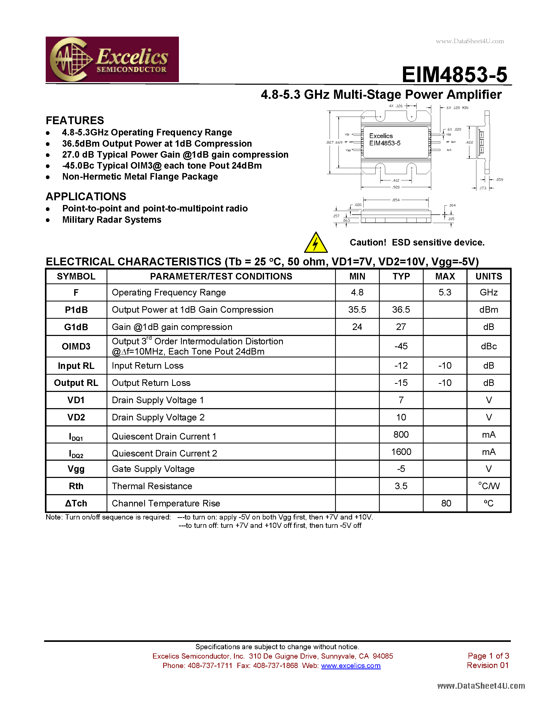 Datasheet EIM4853-5 - 4.8-5.3 GHz Multi-Stage Power Amplifier page 1