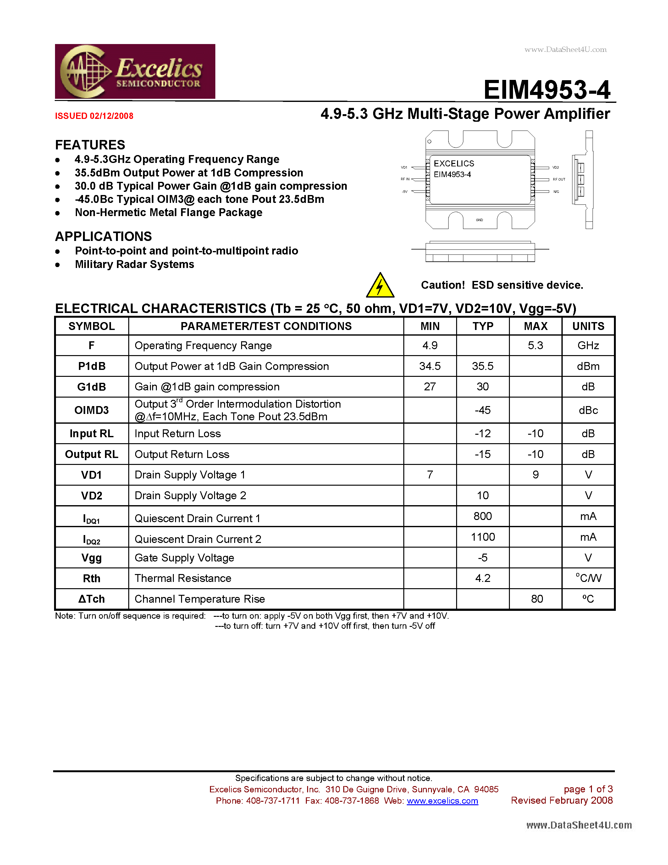 Datasheet EIM4953-4 - 4.9-5.3 GHz Multi-Stage Power Amplifier page 1