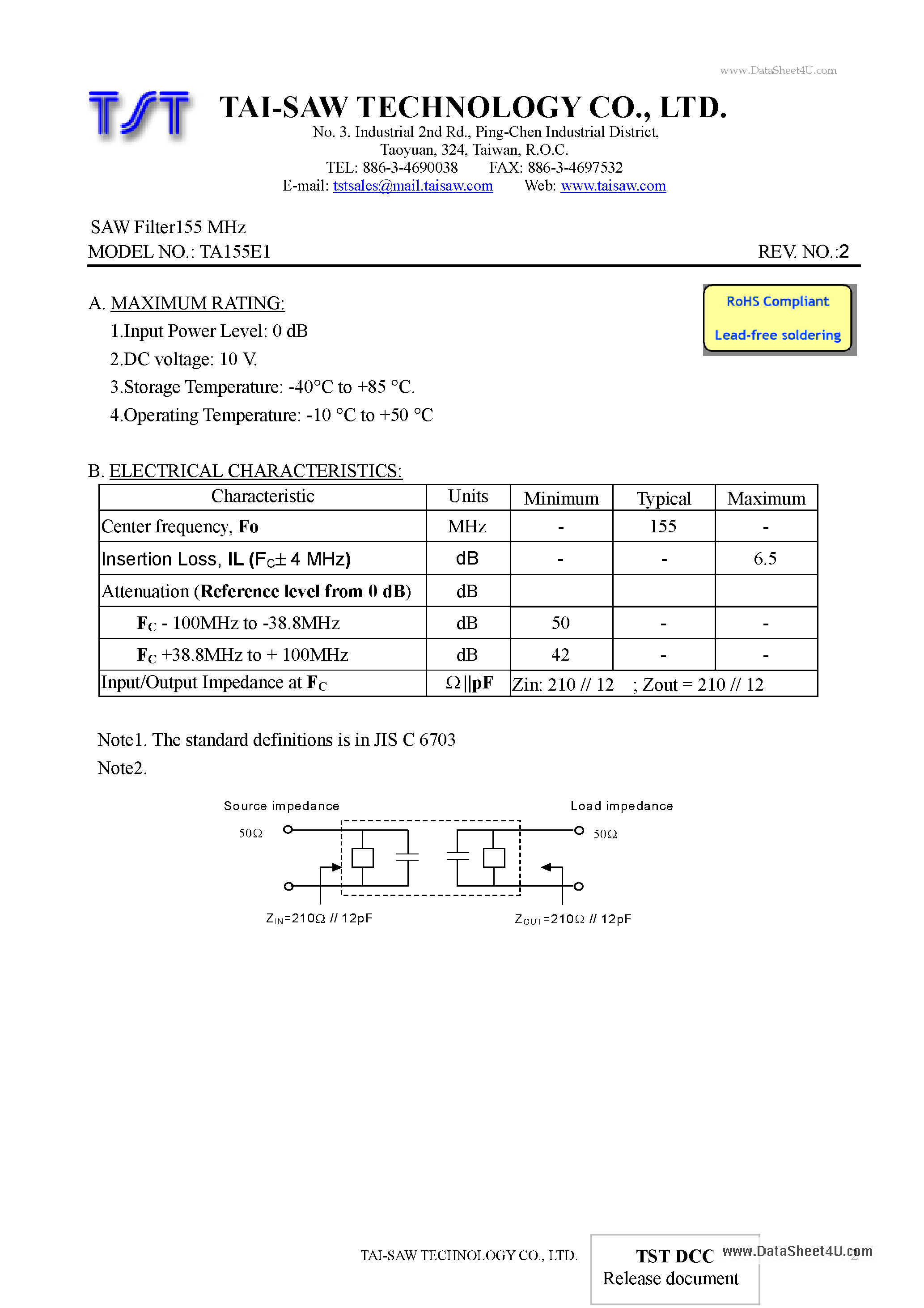 Datasheet TA155E1 - SAW Filter page 2