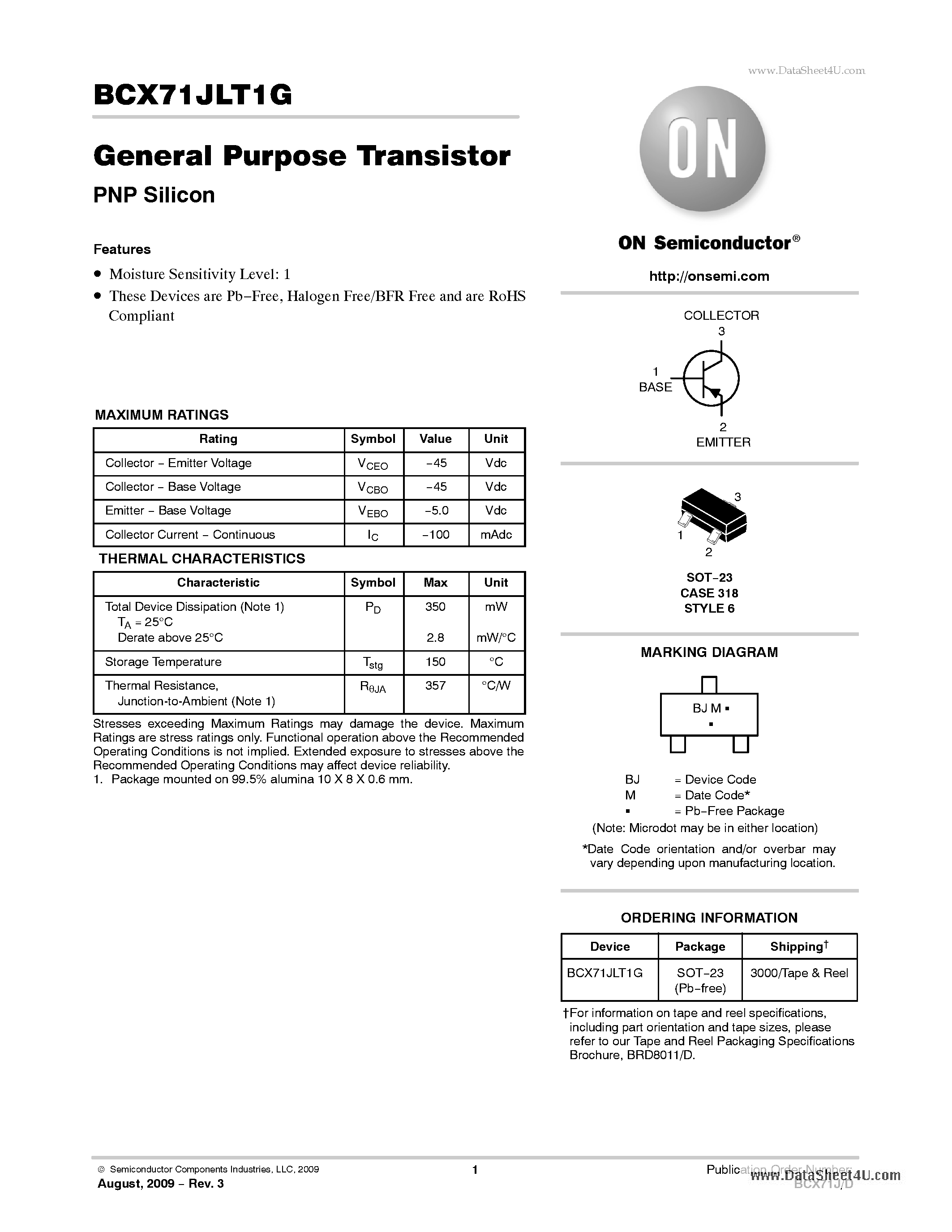 Datasheet BCX71JLT1G - General Purpose Transistors PNP Silicon page 1