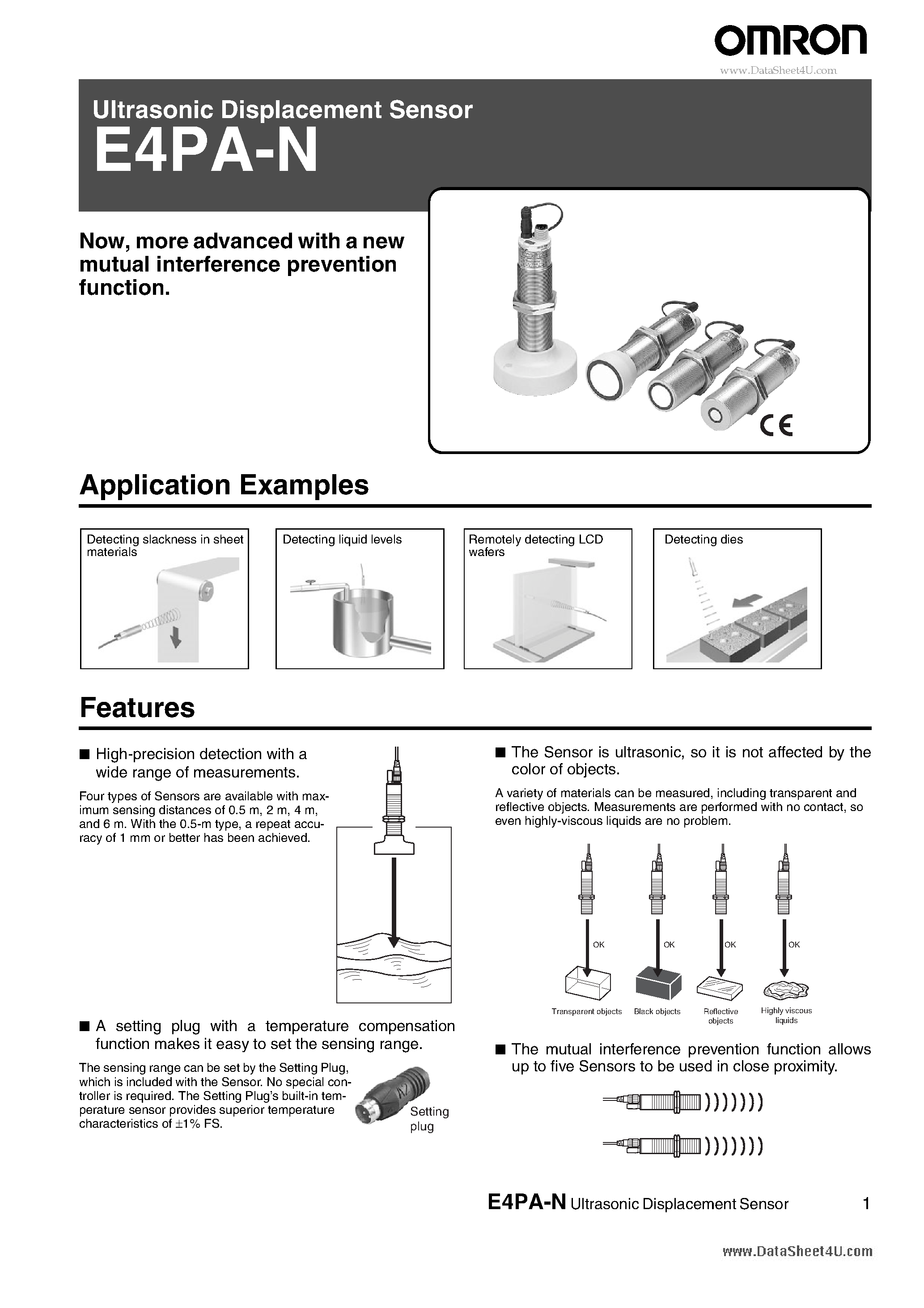 Даташит E4PA-N - Ultrasonic Displacement Sensor страница 1