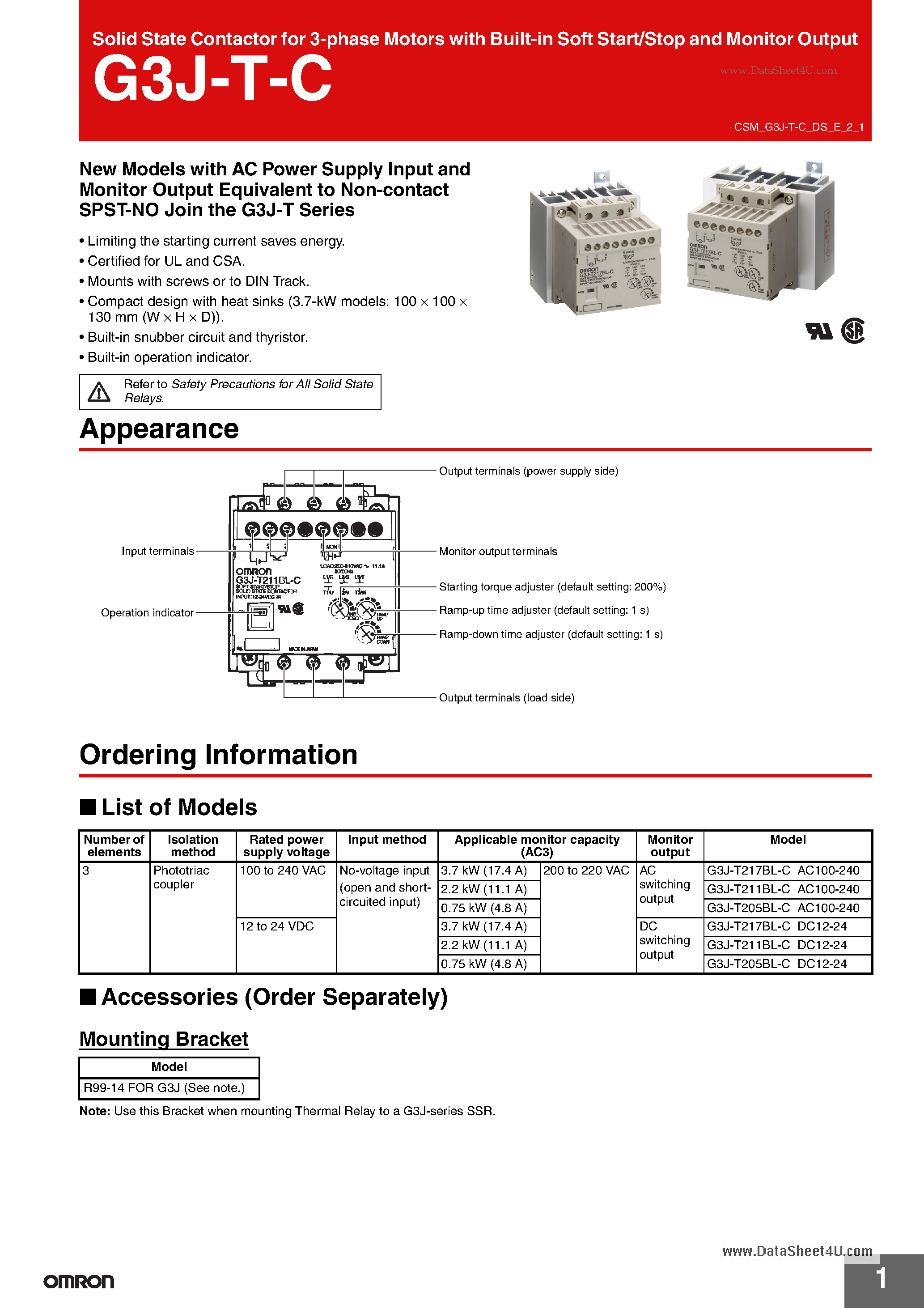 Datasheet G3J-T-C - Solid State Contactor for 3-phase Motors page 1